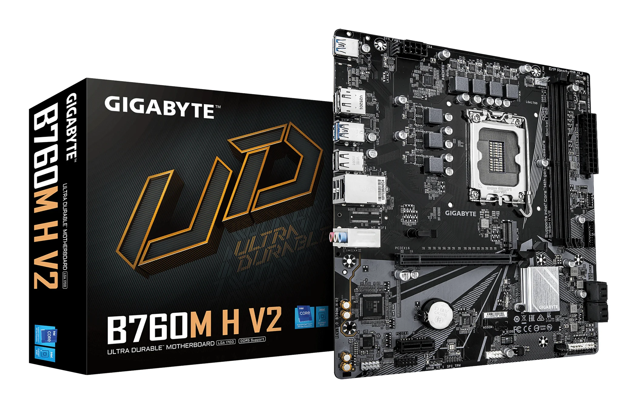 GIGABYTE B760M H V2 Mainboard - Unterstützt Intel Core Prozessoren der 14. Generation, digitales 5+1+1-Phasen-VRM, bis zu 8000MHz DDR5 (O.C.), 1xPCIe 4.0 M.2, 1GbE LAN, USB 3.2 Gen1