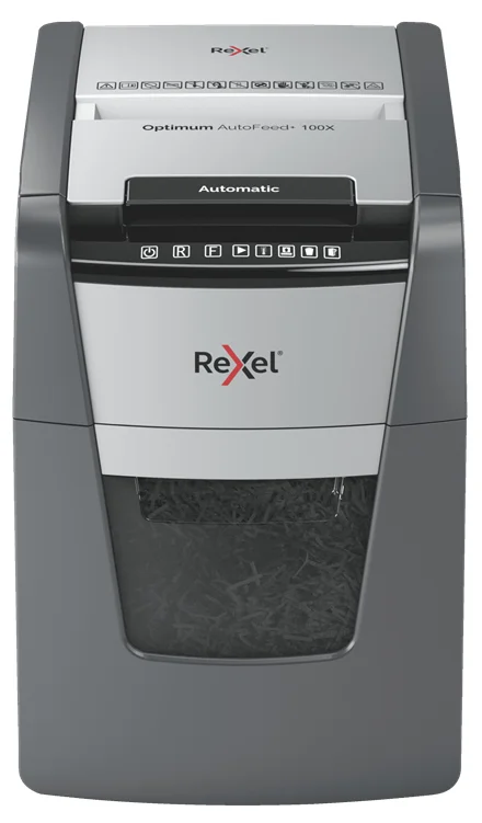 Rexel Optimum AutoFeed+ 100X Aktenvernichter Kreuzschreddern 55 dB 22 cm Schwarz, Grau