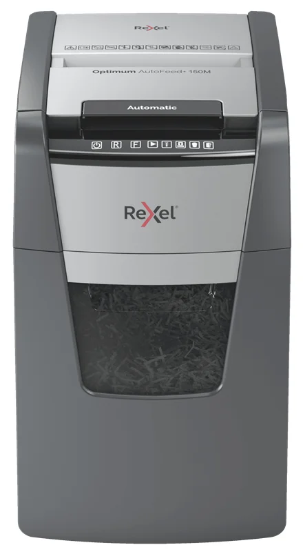 Rexel Optimum AutoFeed+ 150M Aktenvernichter Mikrogeschnittene Zerkleinerung 55 dB 22 cm Schwarz, Grau