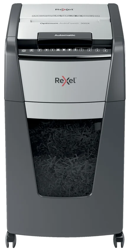 Rexel Optimum AutoFeed+ 300X Aktenvernichter Partikelschnitt-Zerkleinerung 55 dB 23 cm Schwarz, Silber