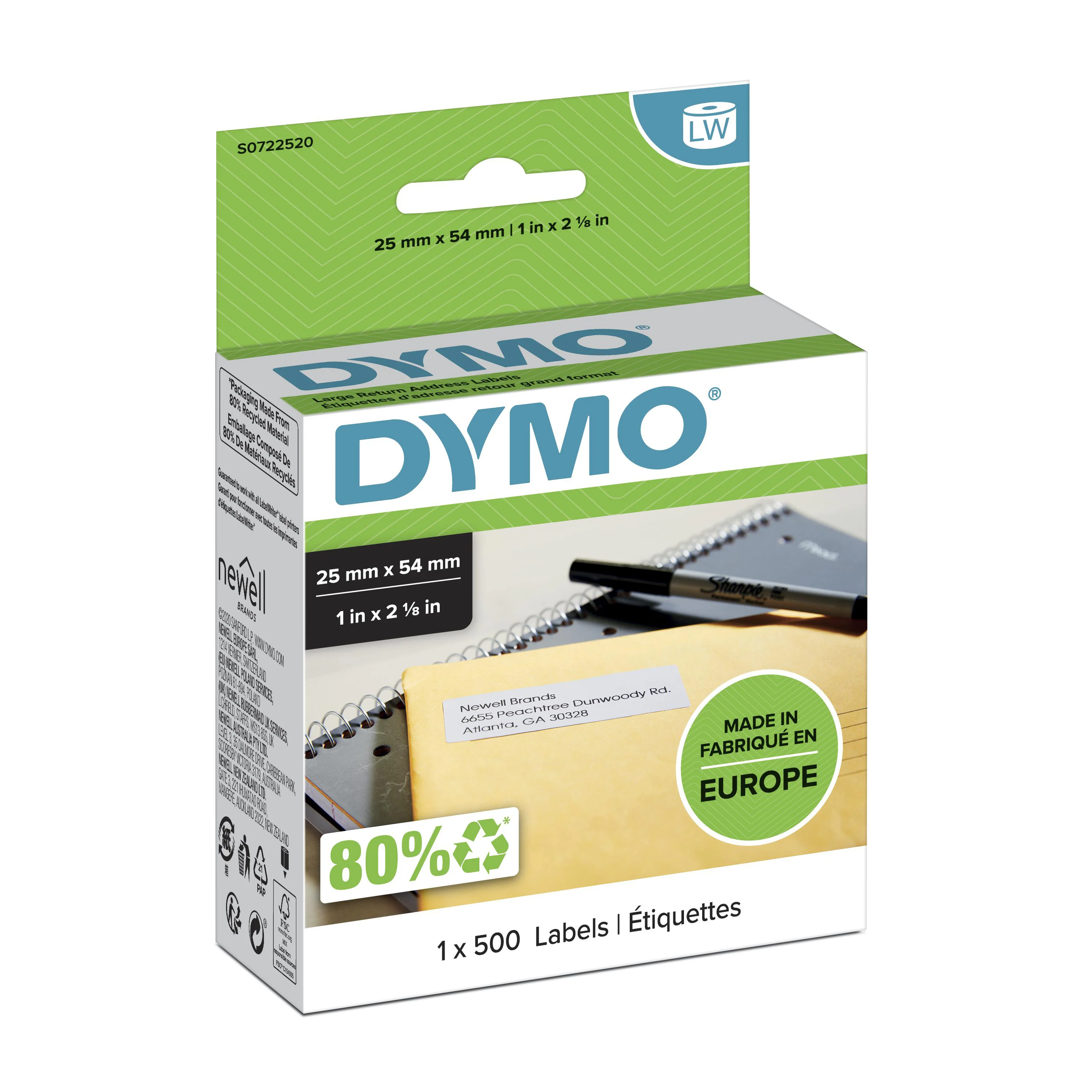 DYMO Original LabelWriter Rücksendeadressetiketten | 25 mm x 54 mm | Rolle mit 500 leicht ablösbaren Etiketten | selbstklebend | Beschriftungsgerät für LabelWriter Etikettendrucker