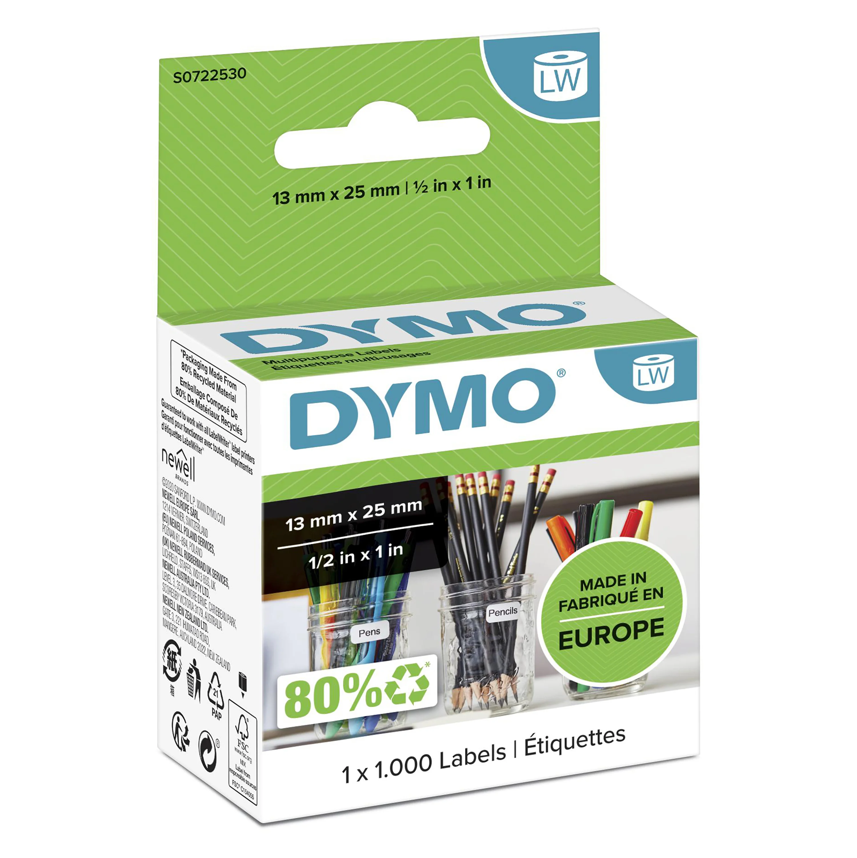 DYMO Original LabelWriter Mehrzwecketiketten (Klein) | 13 mm x 25 mm | Rolle mit 1.000 leicht ablösbaren Etiketten | selbstklebend | für LabelWriter Etikettendrucker und Beschriftungsgerät
