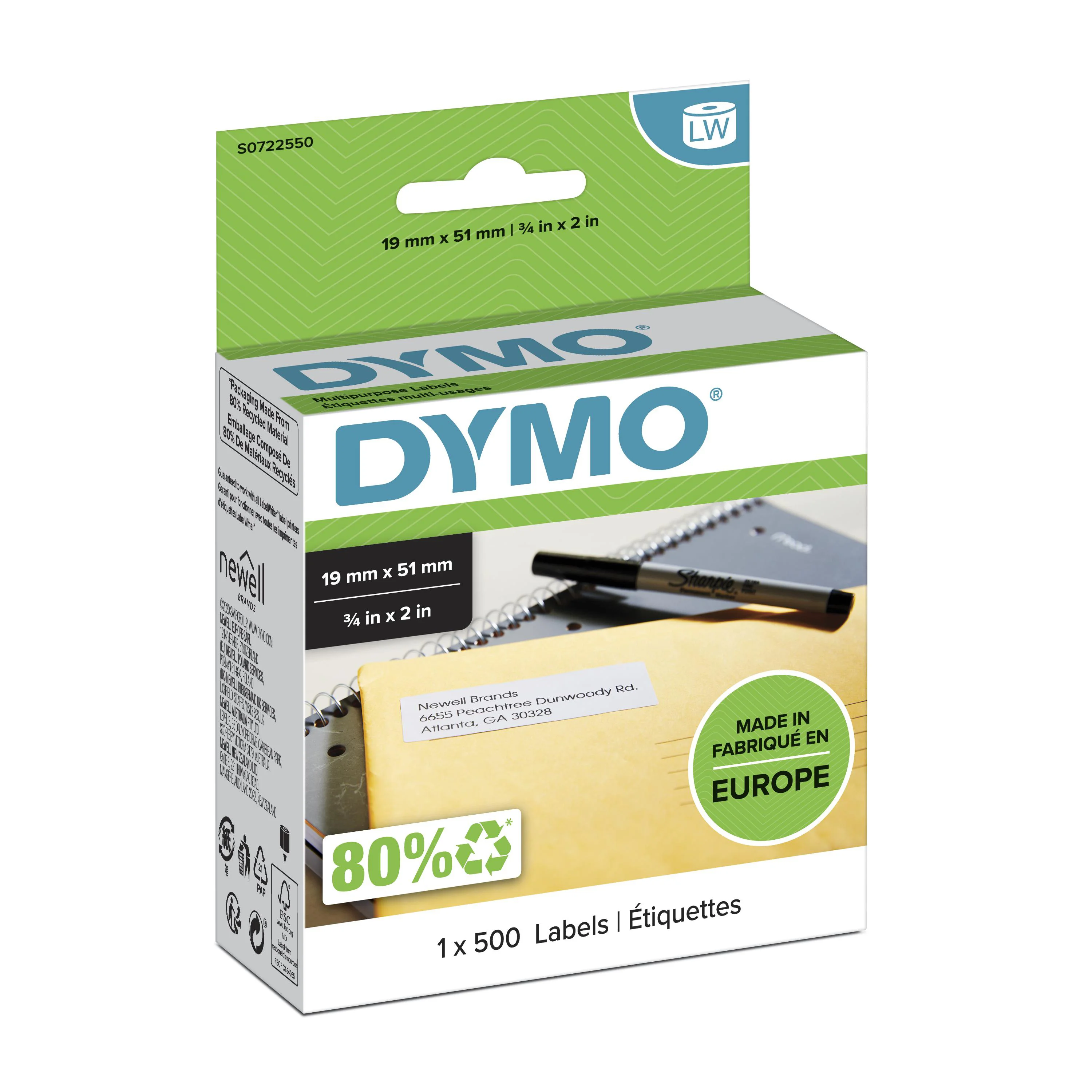 DYMO Original LabelWriter Mehrzwecketiketten/-Rücksendeetiketten | 19 mm x 51 mm | Rolle mit 500 leicht ablösbare Etiketten | selbstklebend | für LabelWriter Etikettendrucker und Beschriftungsgerät
