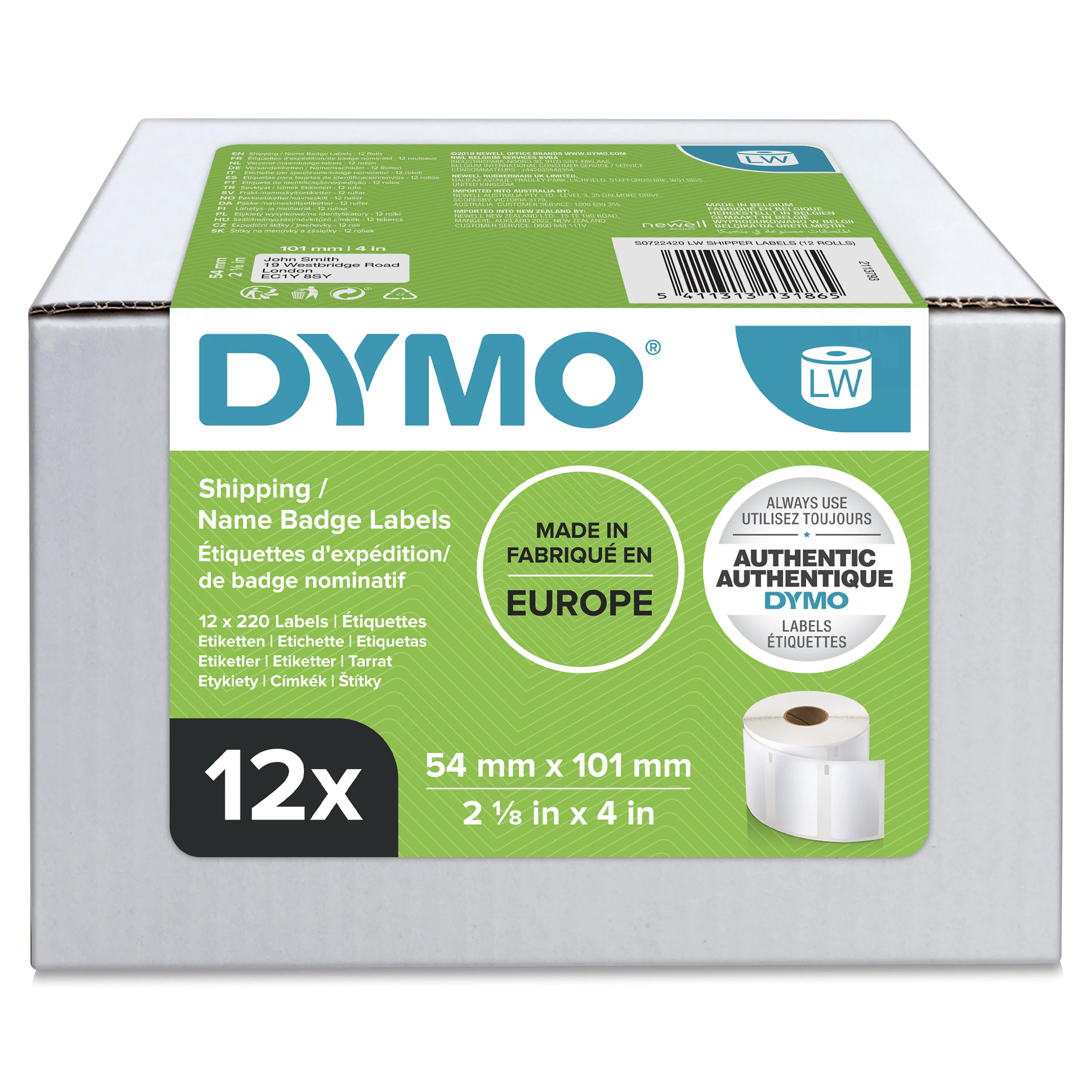 DYMO Original LabelWriter Versandetiketten/-Namensschilder (Groß) | 54 mm x 101 mm | 12 Rollen mit je 220 leicht ablösbaren Etiketten (2.640 Etiketten) | für LabelWriter Etikettendrucker