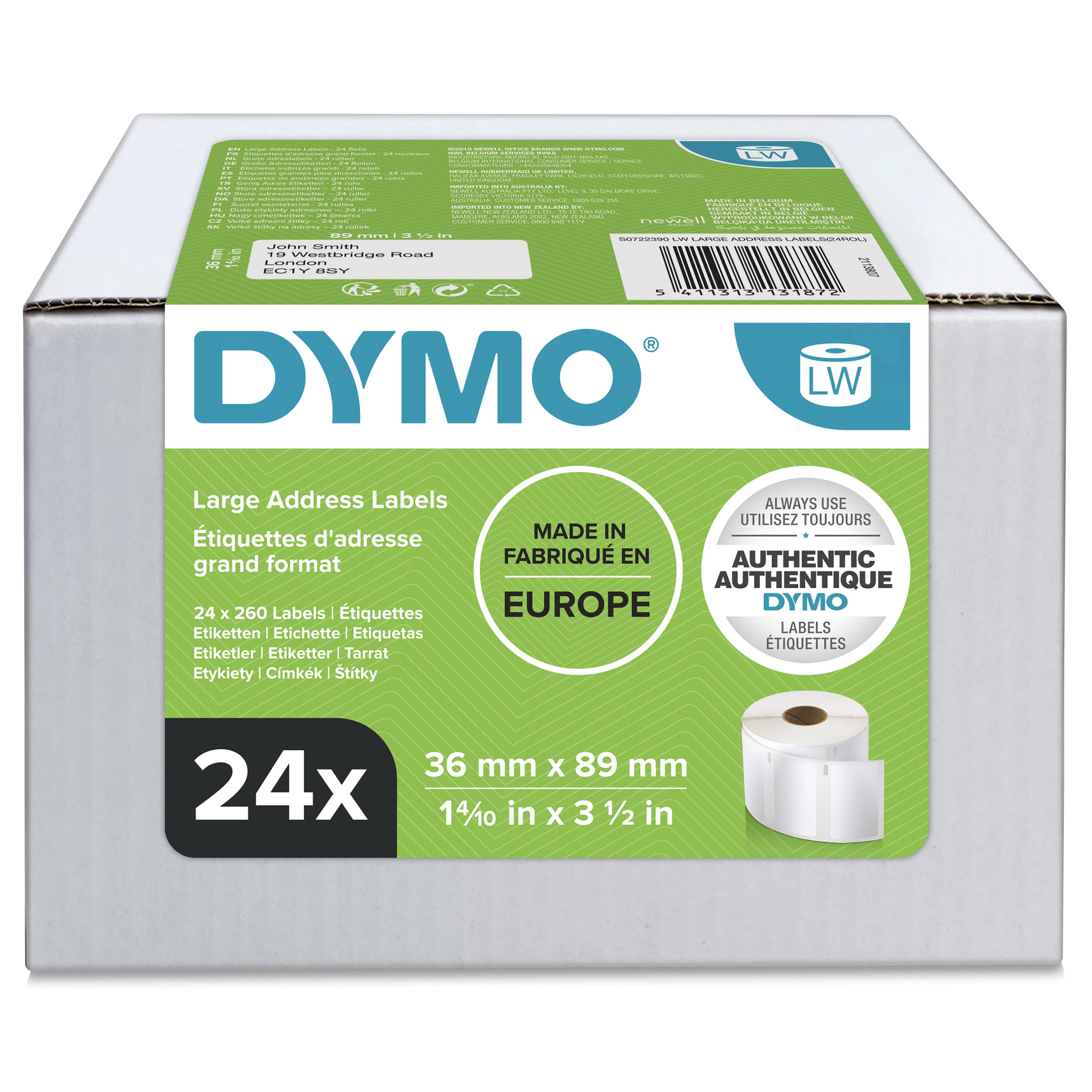 DYMO Original LabelWriter Adressetiketten (Groß) | 36 mm x 89 mm | 24 Rollen mit je 260 leicht ablösbaren Etiketten (6.240 Etiketten) | selbstklebende Etiketten | für LabelWriter-Beschriftungsgerät