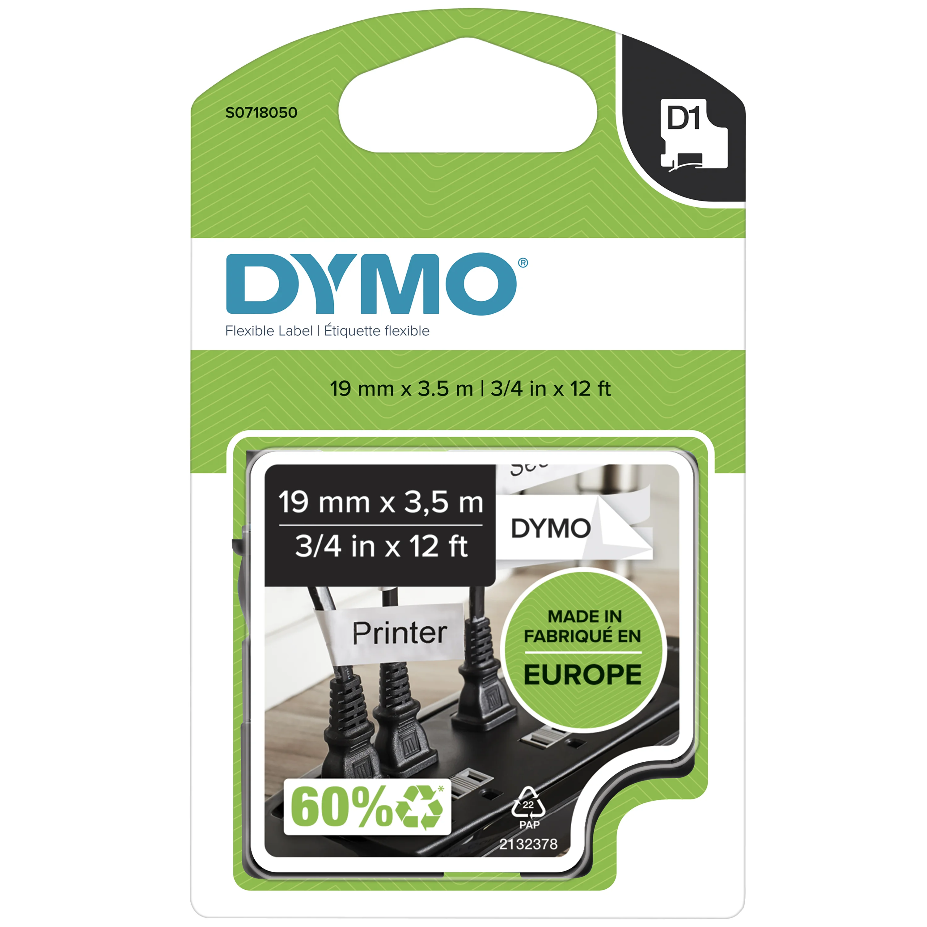 DYMO Original D1 Hochleistungs-Etikettenband | schwarz auf weiß |19 mm x 3,5 m | permanent haftendes Nylon- Schriftband | für LabelManager-Beschriftungsgerät
