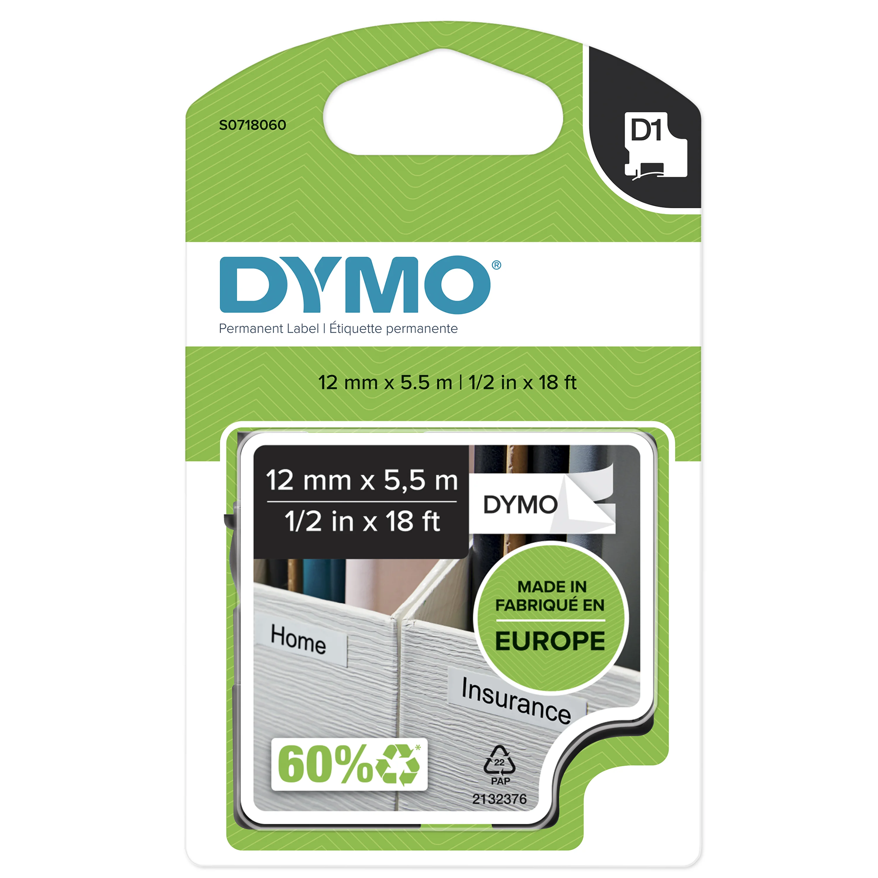 DYMO Original D1 Hochleistungs-Nylon-Etikettenband | schwarz auf weiß |12 mm x 5,5 m | permanent haftendes Vinyl- Schriftband | für LabelManager-Beschriftungsgerät