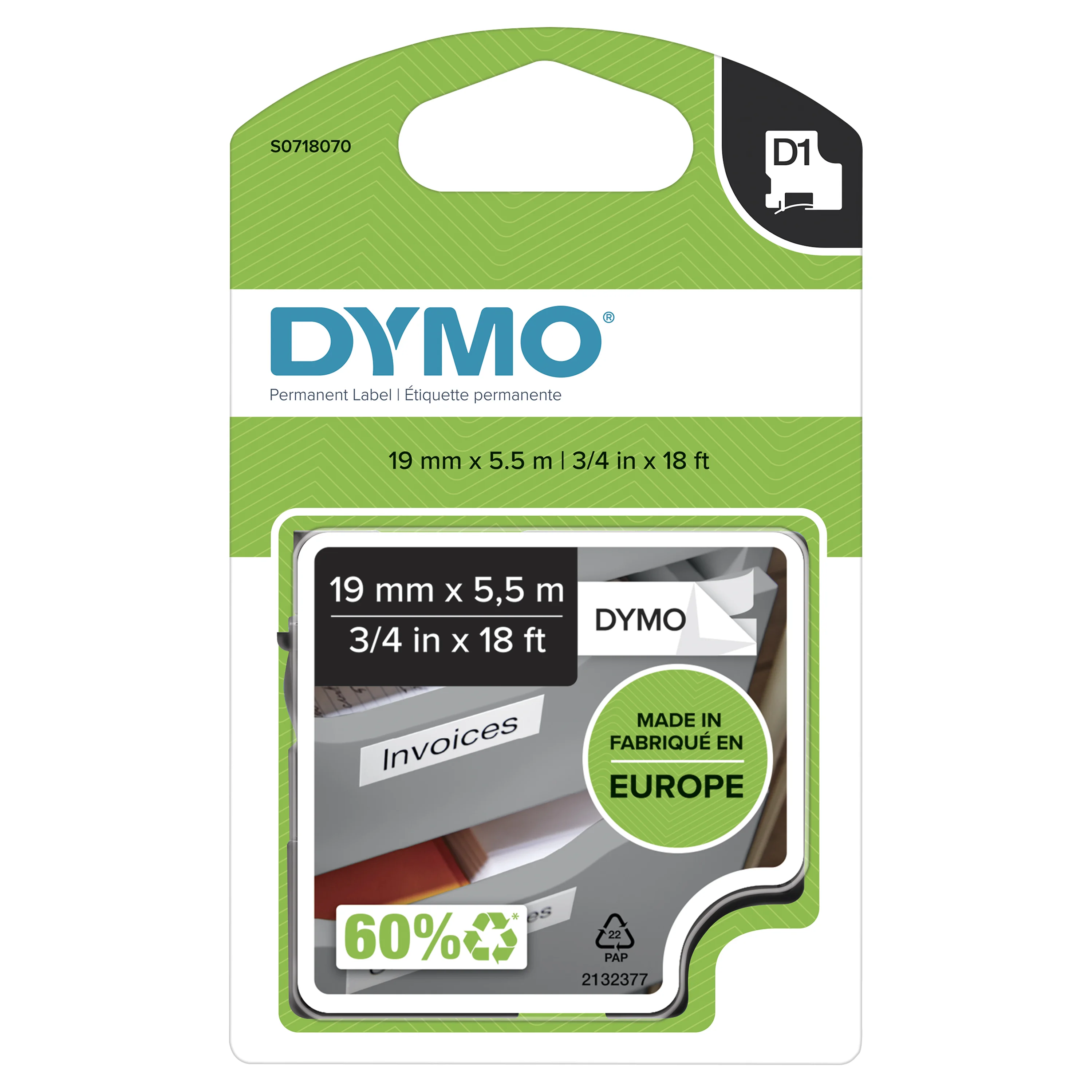 DYMO Original D1 Hochleistungs-Etikettenband | schwarz auf weiß |19 mm x 5,5 m | permanent haftendes Polyester-Schriftband | für LabelManager-Beschriftungsgerät