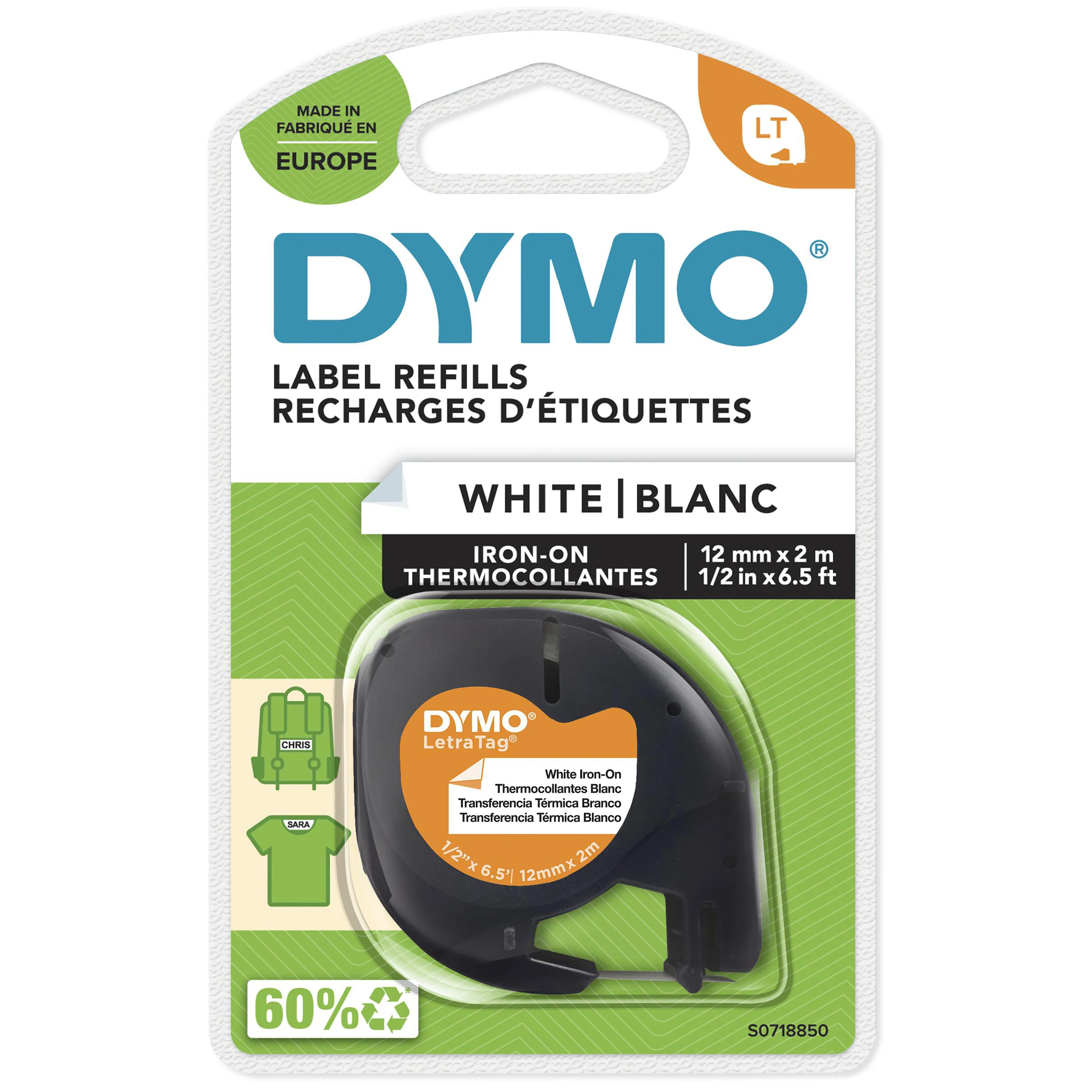 DYMO Original LetraTag Bügeletiketten | schwarz auf weiß | 12 mm x 2 m | Stoffetikettenband für LetraTag-Beschriftungsgerät