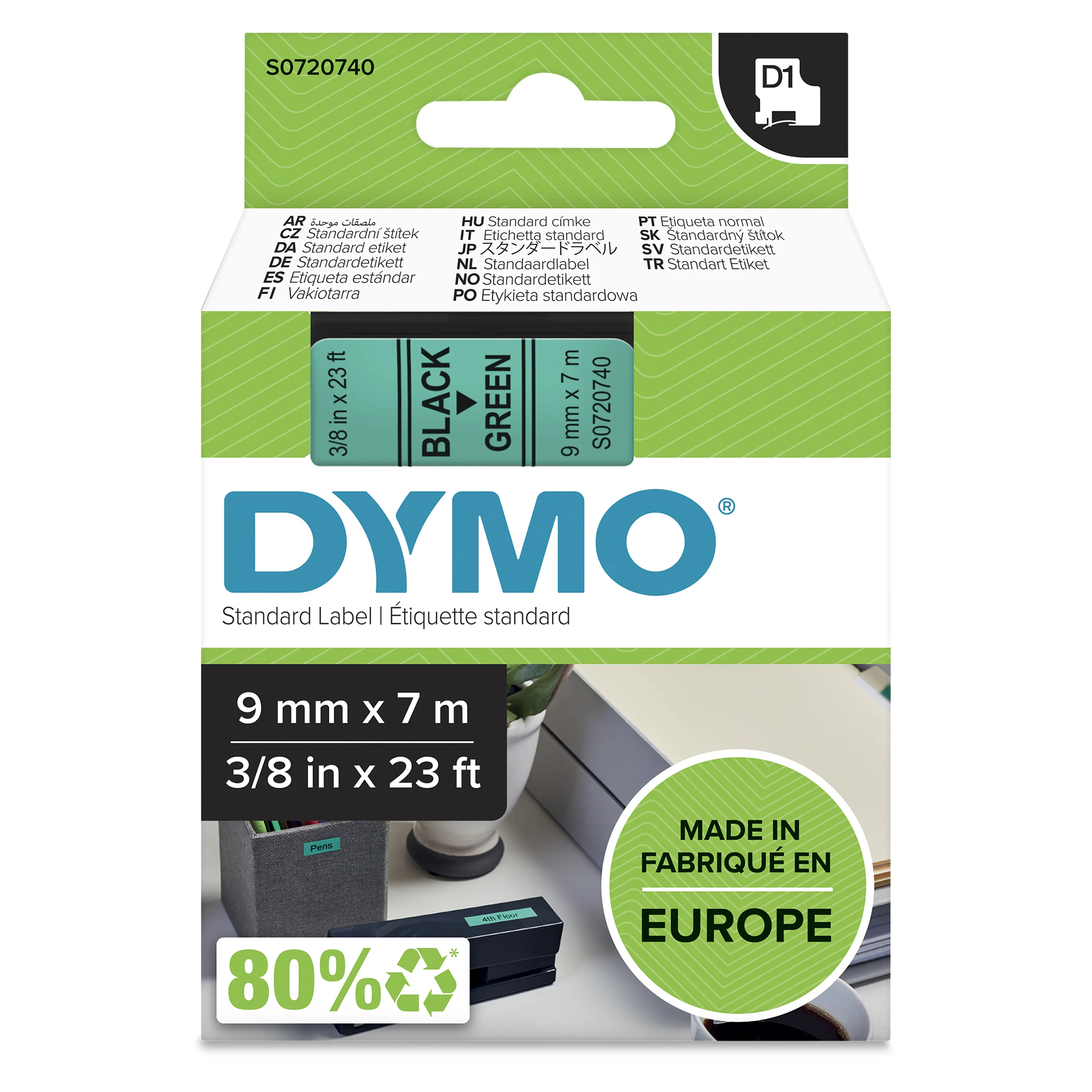 DYMO Original D1-Etikettenband | schwarz auf grün | 9 mm x 7 m | selbstklebendes Schriftband | für LabelManager-Beschriftungsgerät