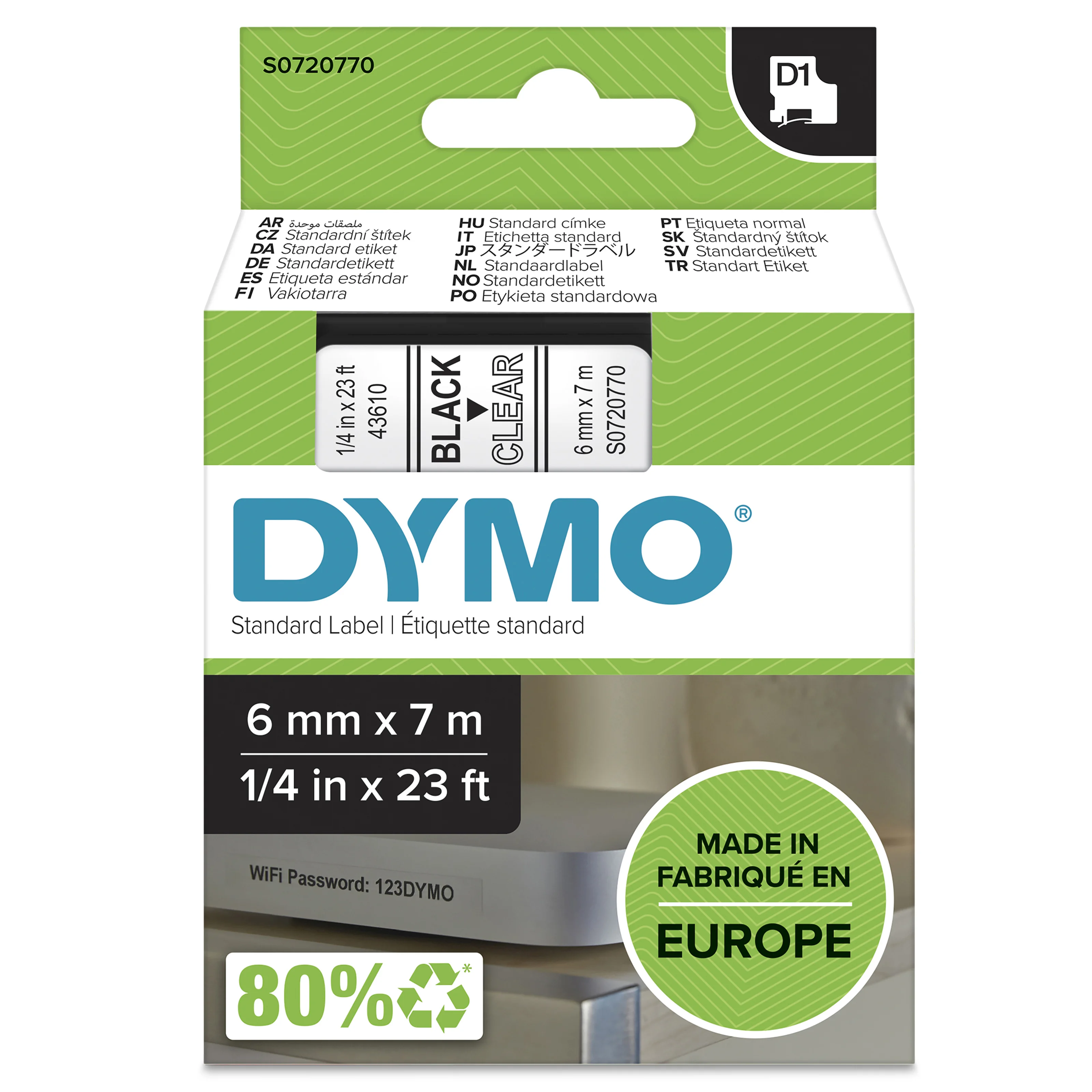 DYMO Original D1-Etikettenband | schwarz auf transparent | 6 mm x 7 m | selbstklebendes Schriftband | für LabelManager-Beschriftungsgerät