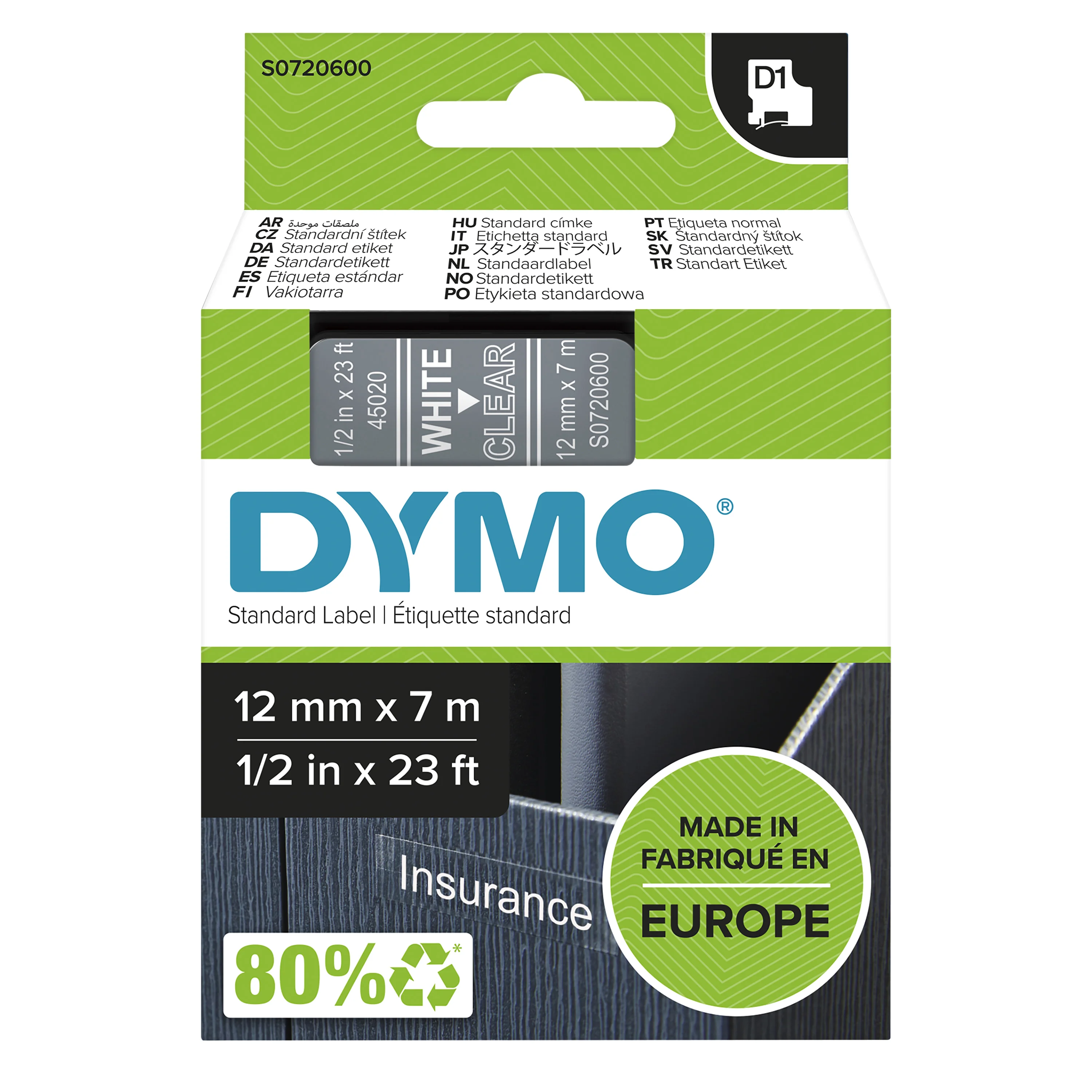 DYMO Original D1-Etikettenband | weiß auf transparent | 12 mm x 7 m | selbstklebendes Schriftband | für LabelManager-Beschriftungsgerät