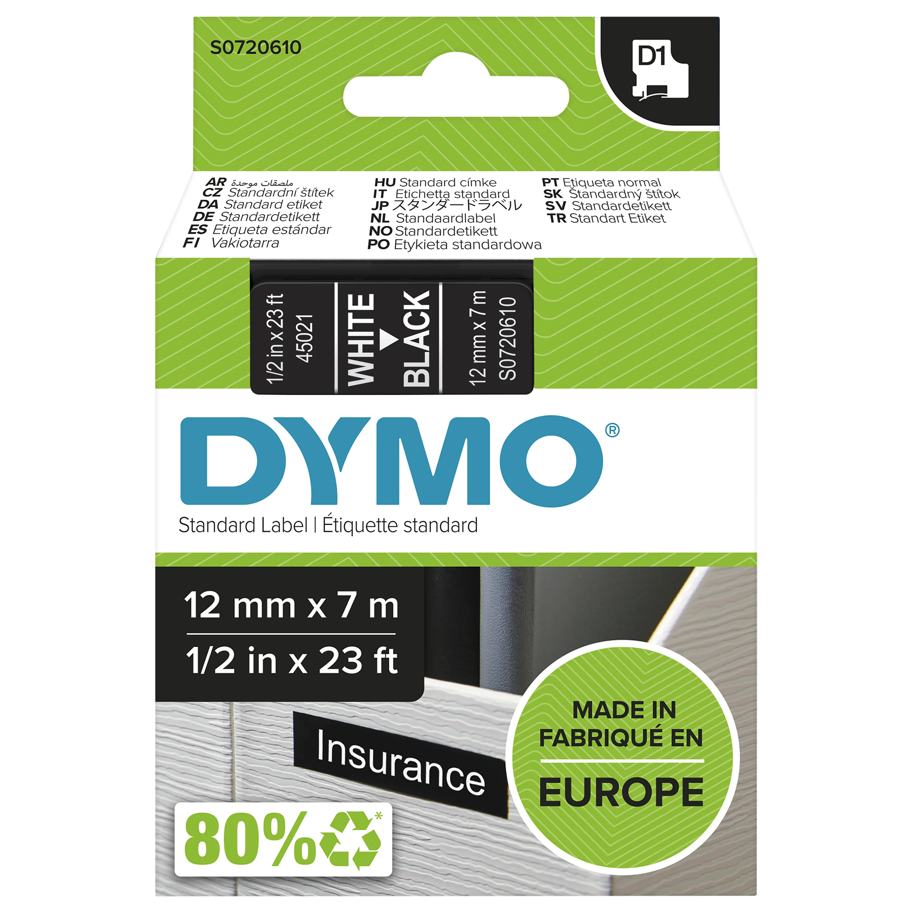 DYMO Original D1-Etikettenband | weiß auf schwarz | 12 mm x 7 m | selbstklebendes Schriftband | für LabelManager-Beschriftungsgerät