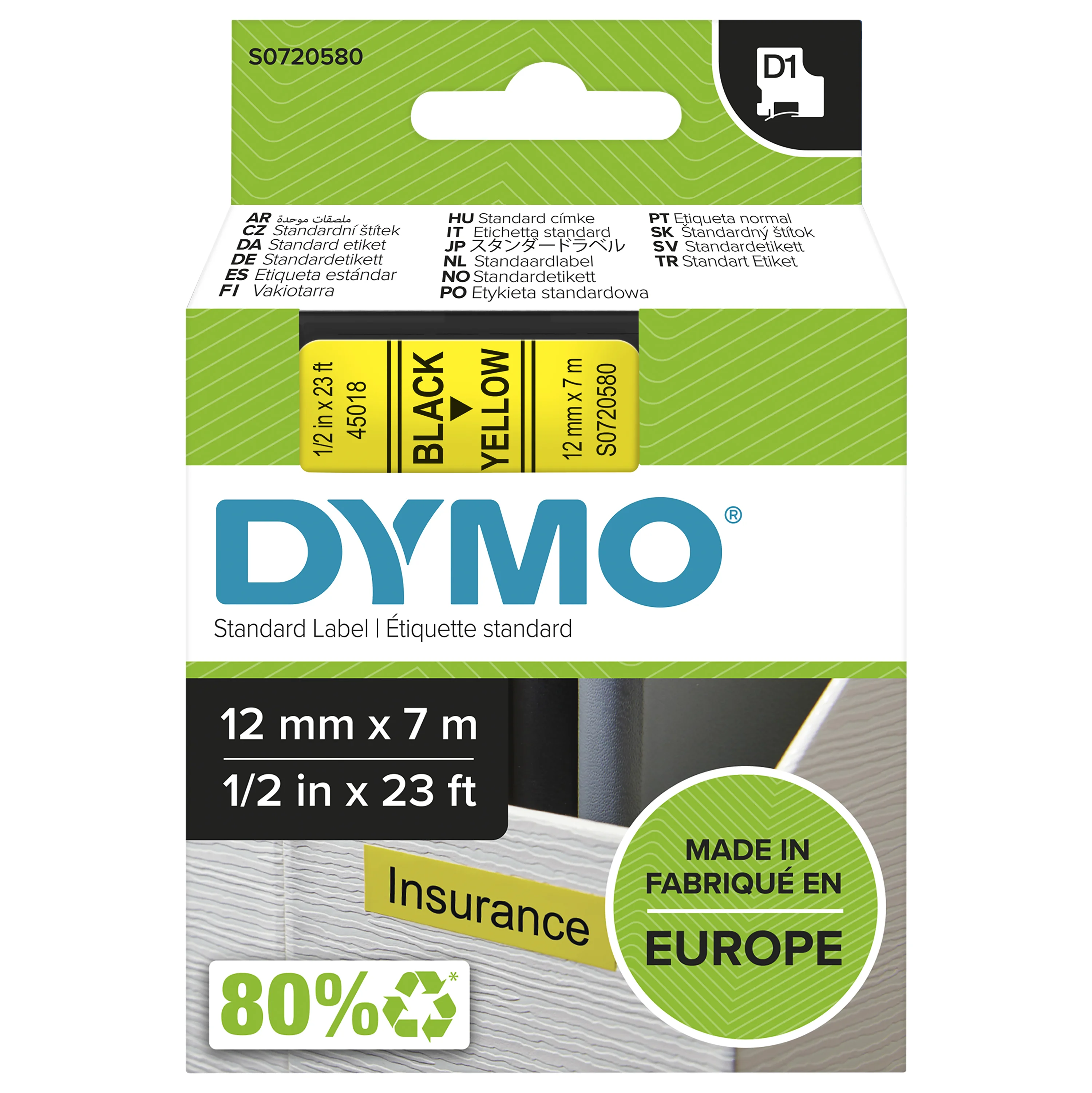 DYMO Original D1-Etikettenband | schwarz auf gelb | 12 mm x 7 m | selbstklebendes Schriftband | für LabelManager-Beschriftungsgerät