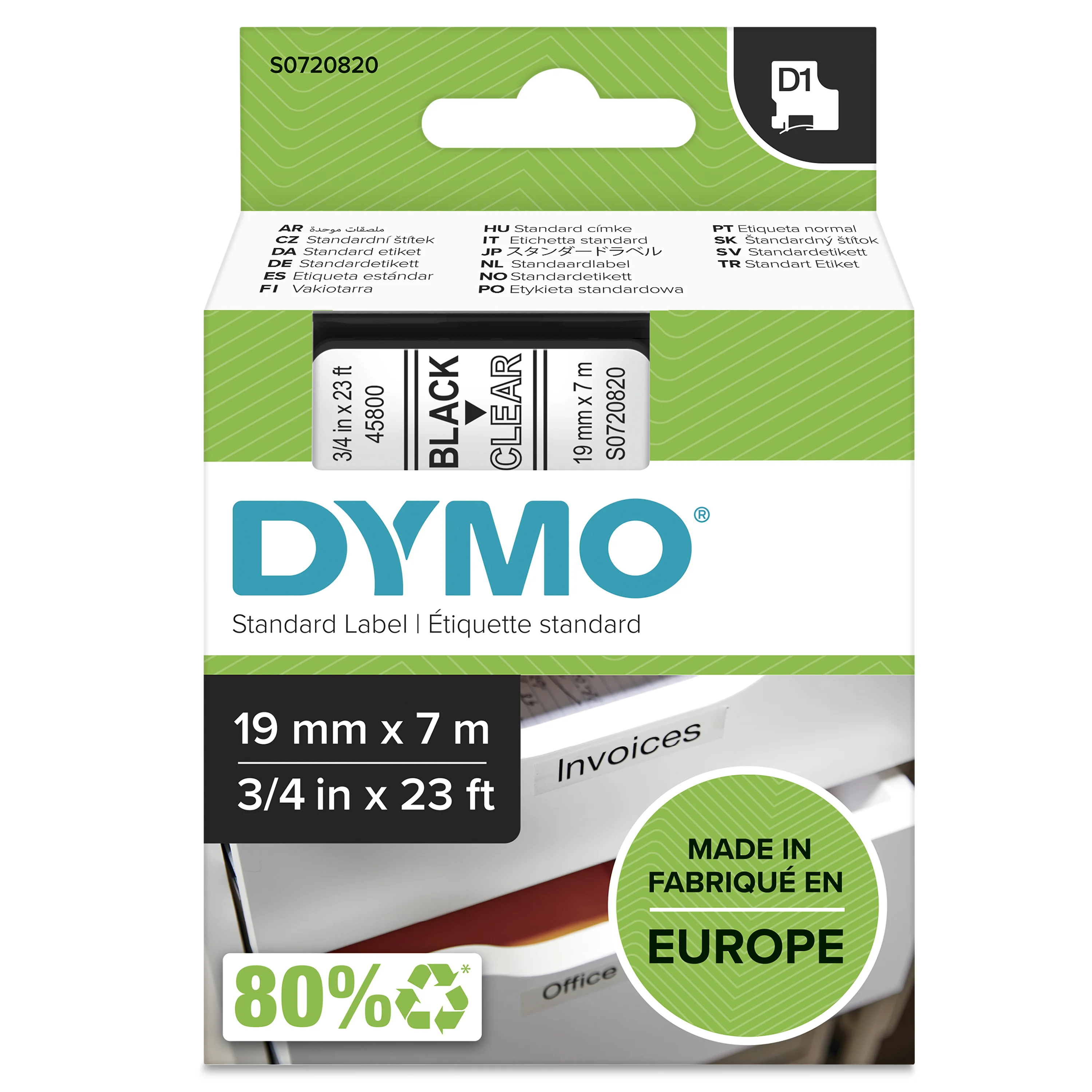 DYMO Original D1-Etikettenband | schwarz auf transparent | 19 mm x 7 m | selbstklebendes Schriftband | für LabelManager-Beschriftungsgerät