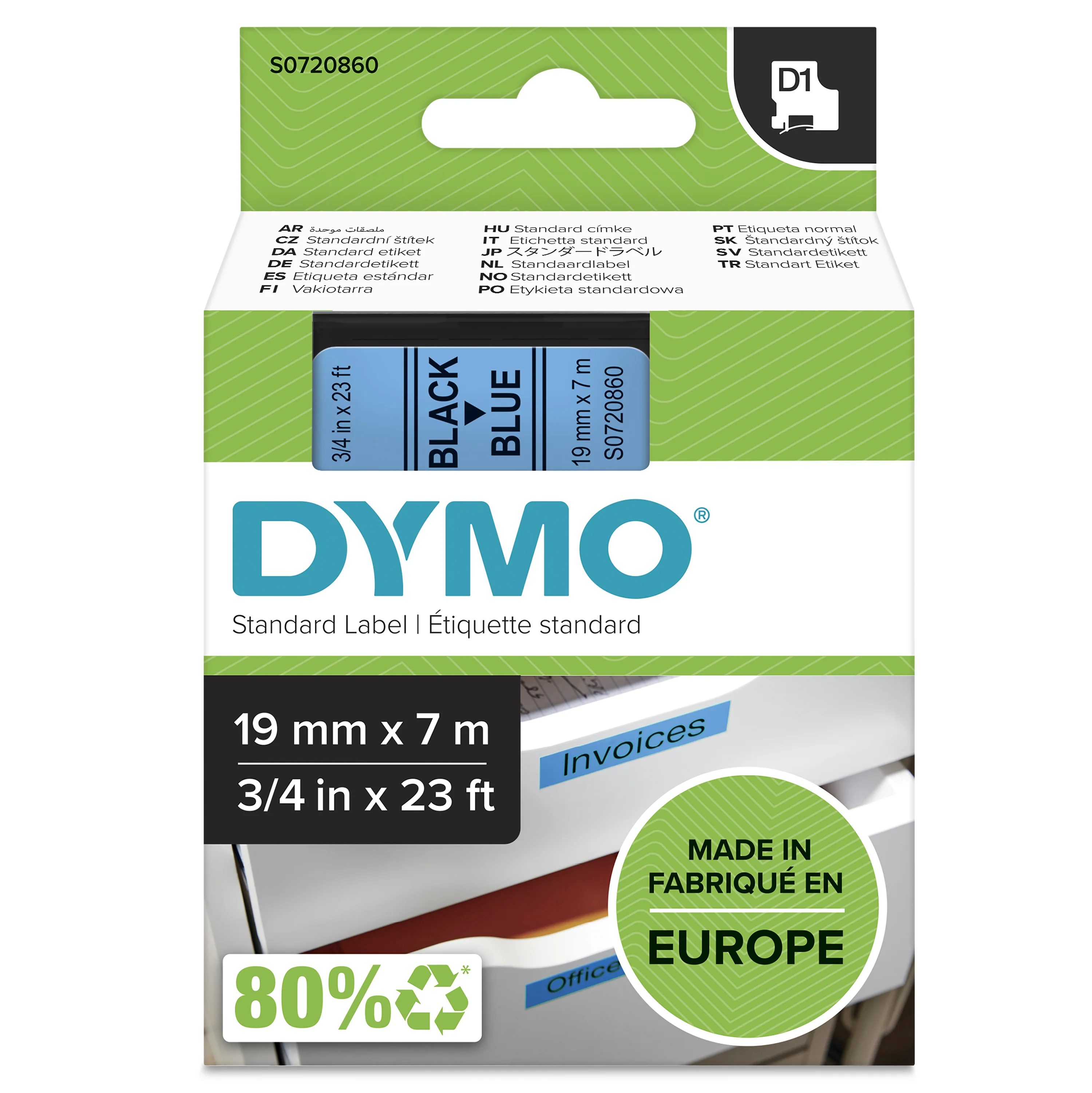 DYMO Original D1-Etikettenband | schwarz auf blau | 19 mm x 7 m | selbstklebendes Schriftband | für LabelManager-Beschriftungsgerät