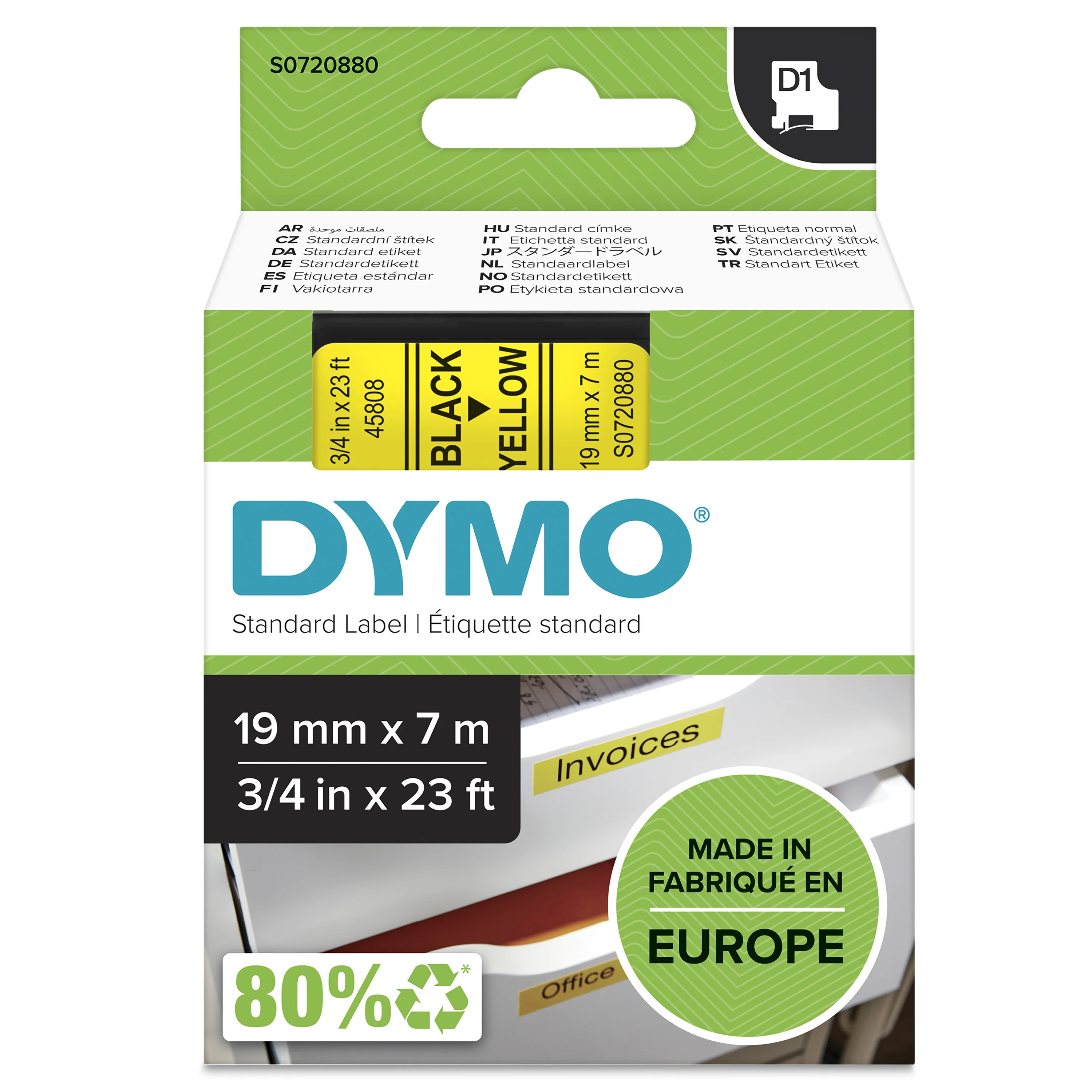 DYMO Original D1-Etikettenband | schwarz auf gelb | 19 mm x 7 m | selbstklebendes Schriftband | für LabelManager-Beschriftungsgerät