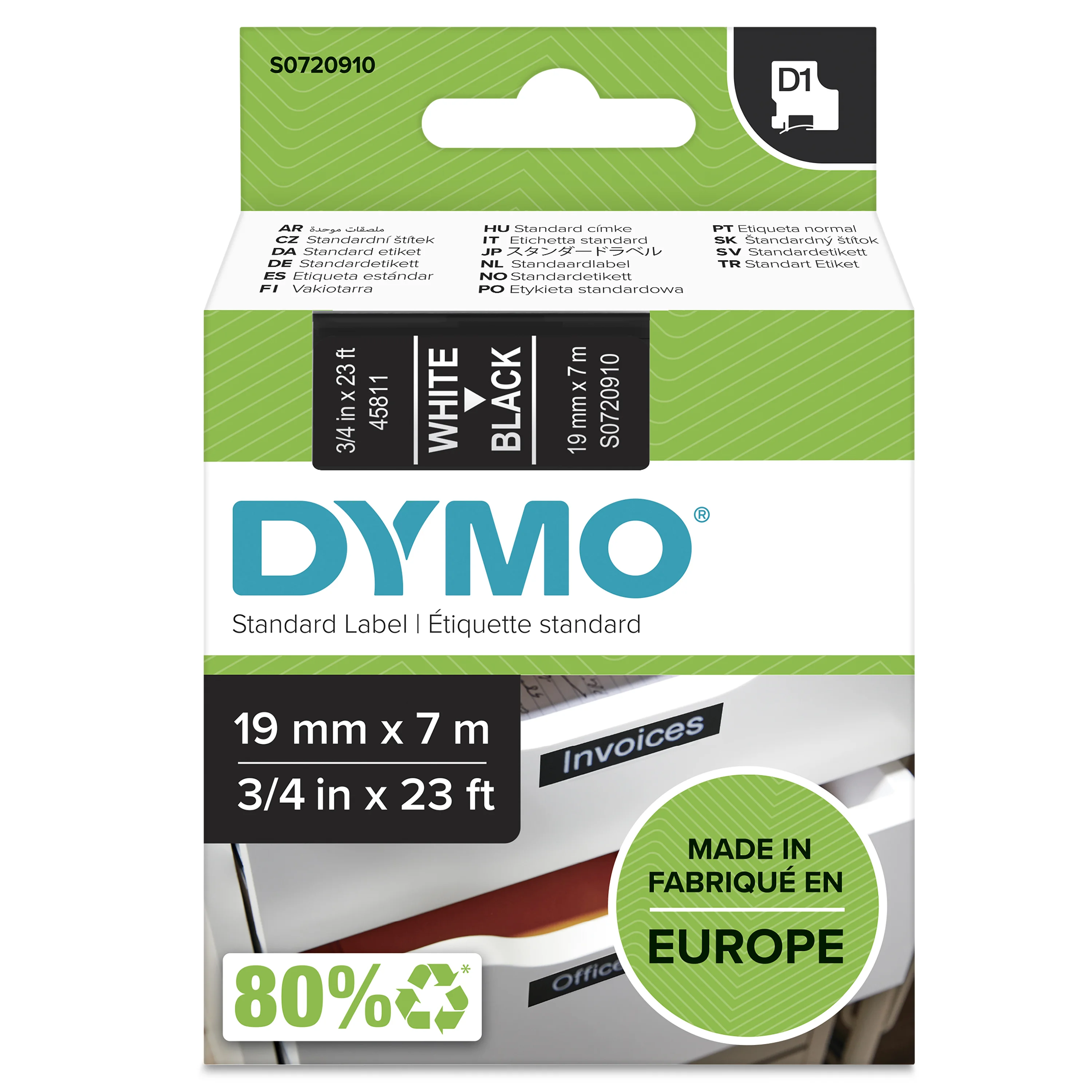 DYMO Original D1-Etikettenband | weiß auf schwarz | 19 mm x 7 m | selbstklebendes Schriftband | für LabelManager-Beschriftungsgerät