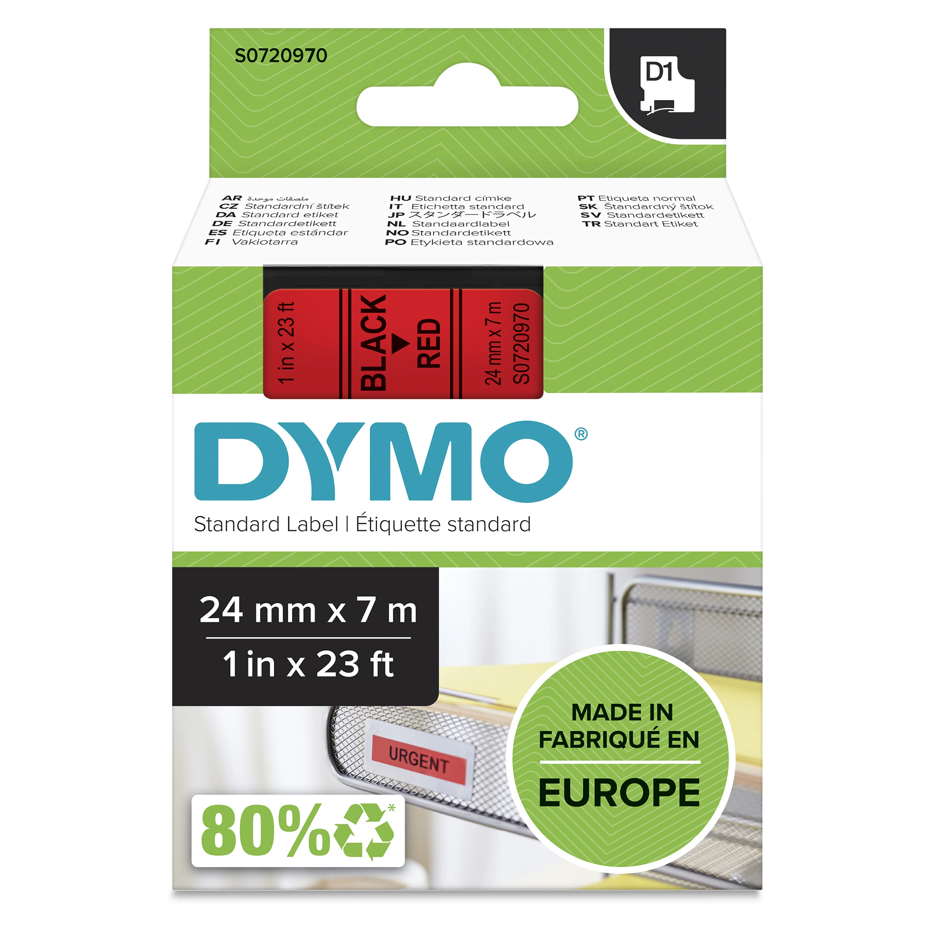 DYMO Original D1-Etikettenband | schwarz auf rot | 24 mm x 7 m | selbstklebendes Schriftband | für LabelManager-Beschriftungsgerät