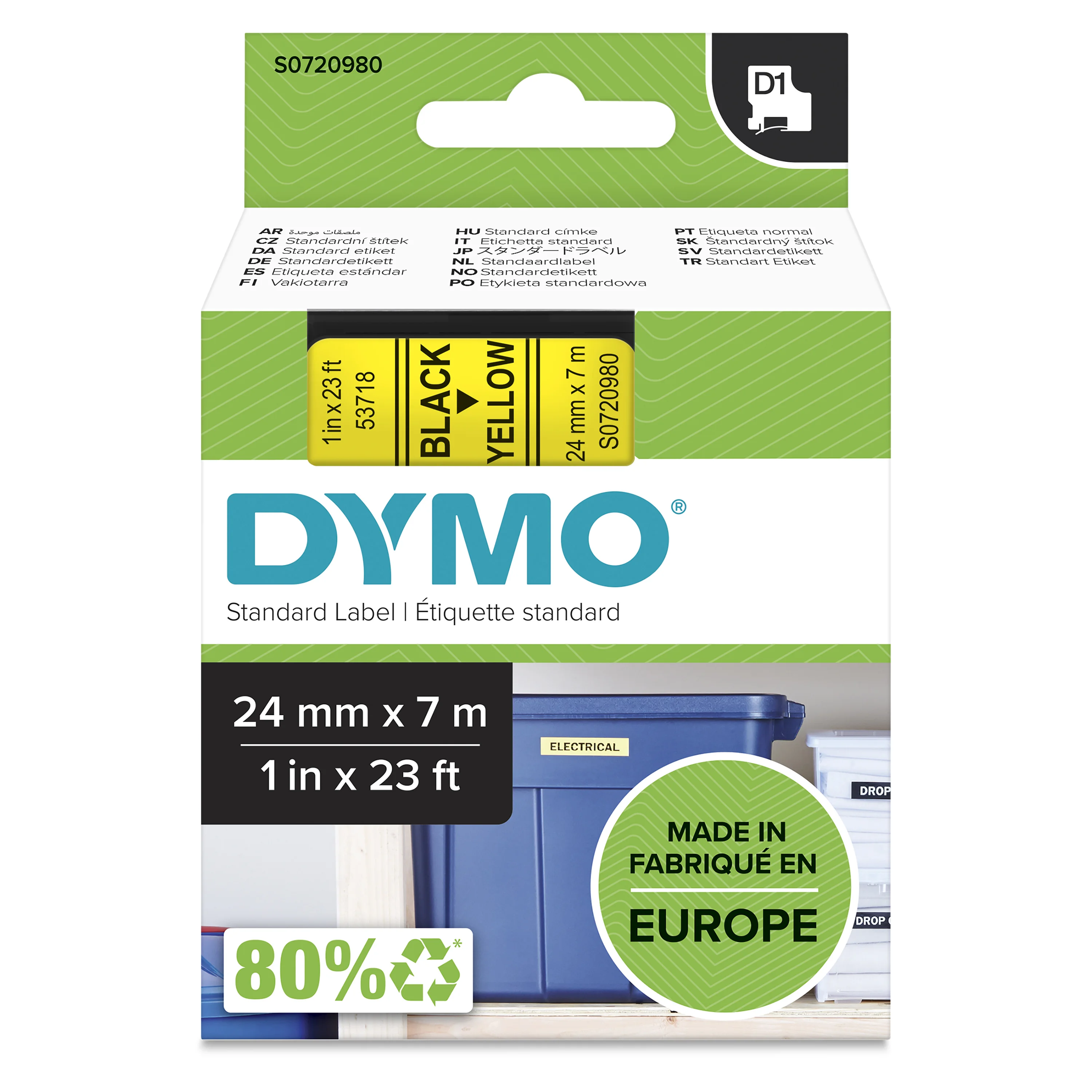DYMO Original D1-Etikettenband | schwarz auf gelb | 24 mm x 7 m | selbstklebendes Schriftband | für LabelManager-Beschriftungsgerät