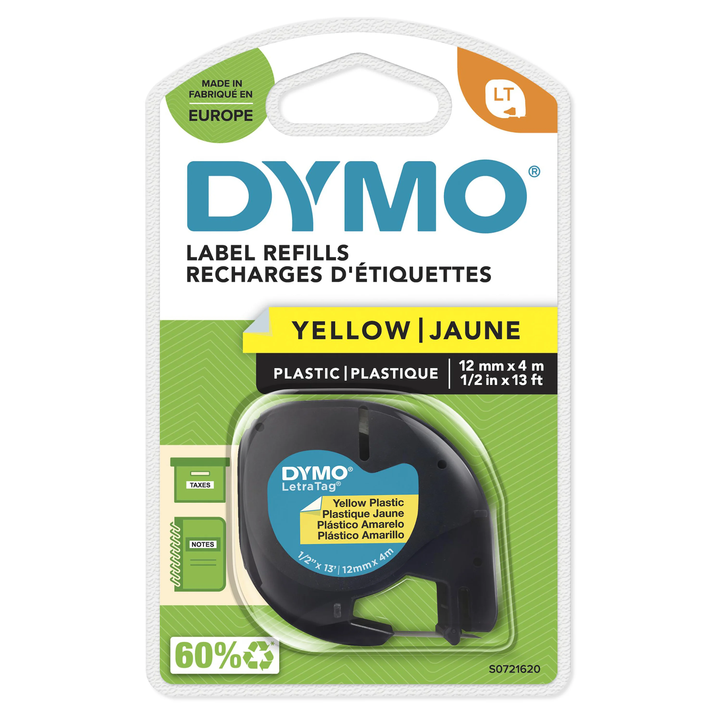 DYMO Original LetraTag Etikettenband | schwarz auf gelb | 12 mm x 4 m | selbstklebendes Kunststoffetiketten | für LetraTag-Beschriftungsgerät