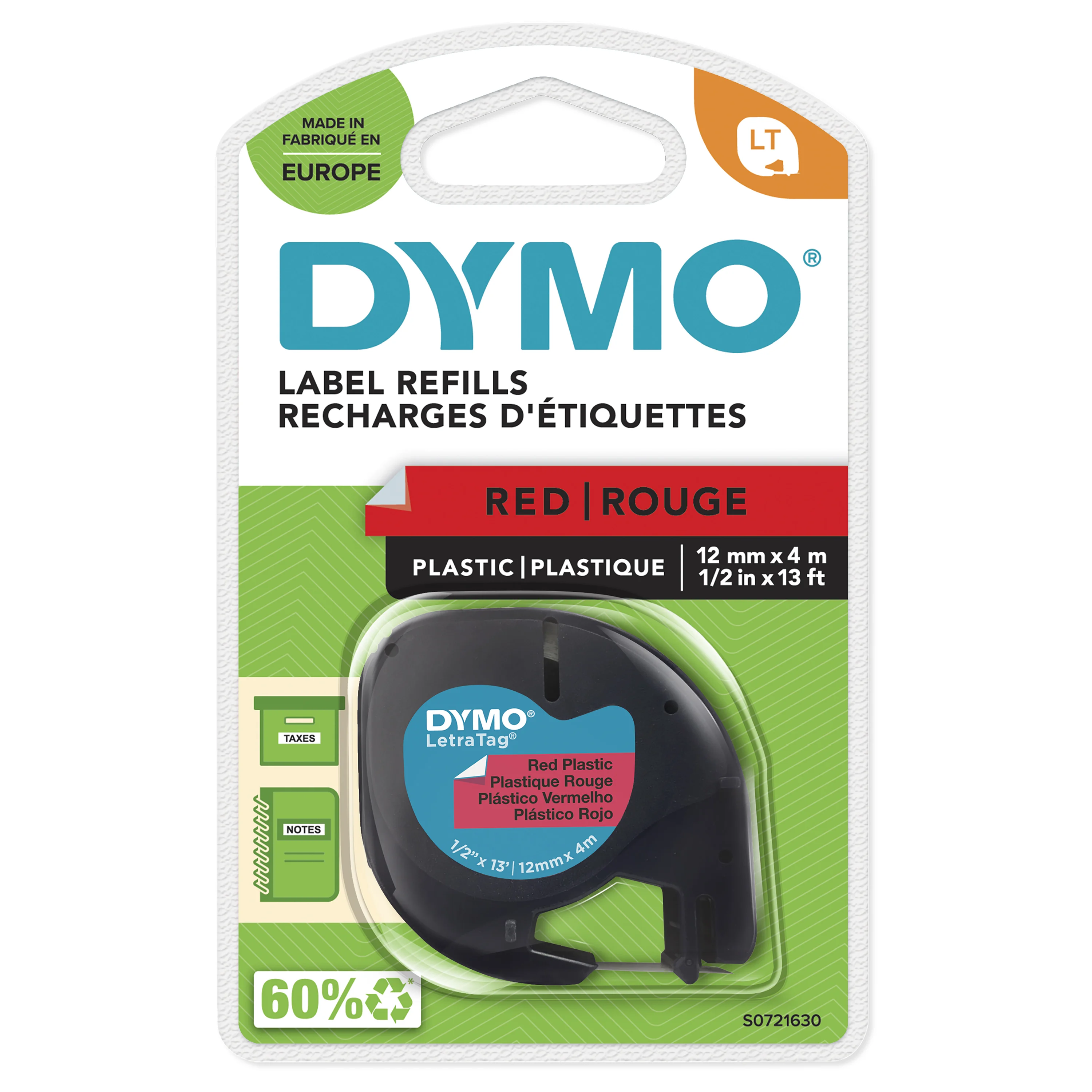 DYMO Original LetraTag Etikettenband | schwarz auf rot | 12 mm x 4 m | selbstklebendes Kunststoffetiketten | für LetraTag-Beschriftungsgerät