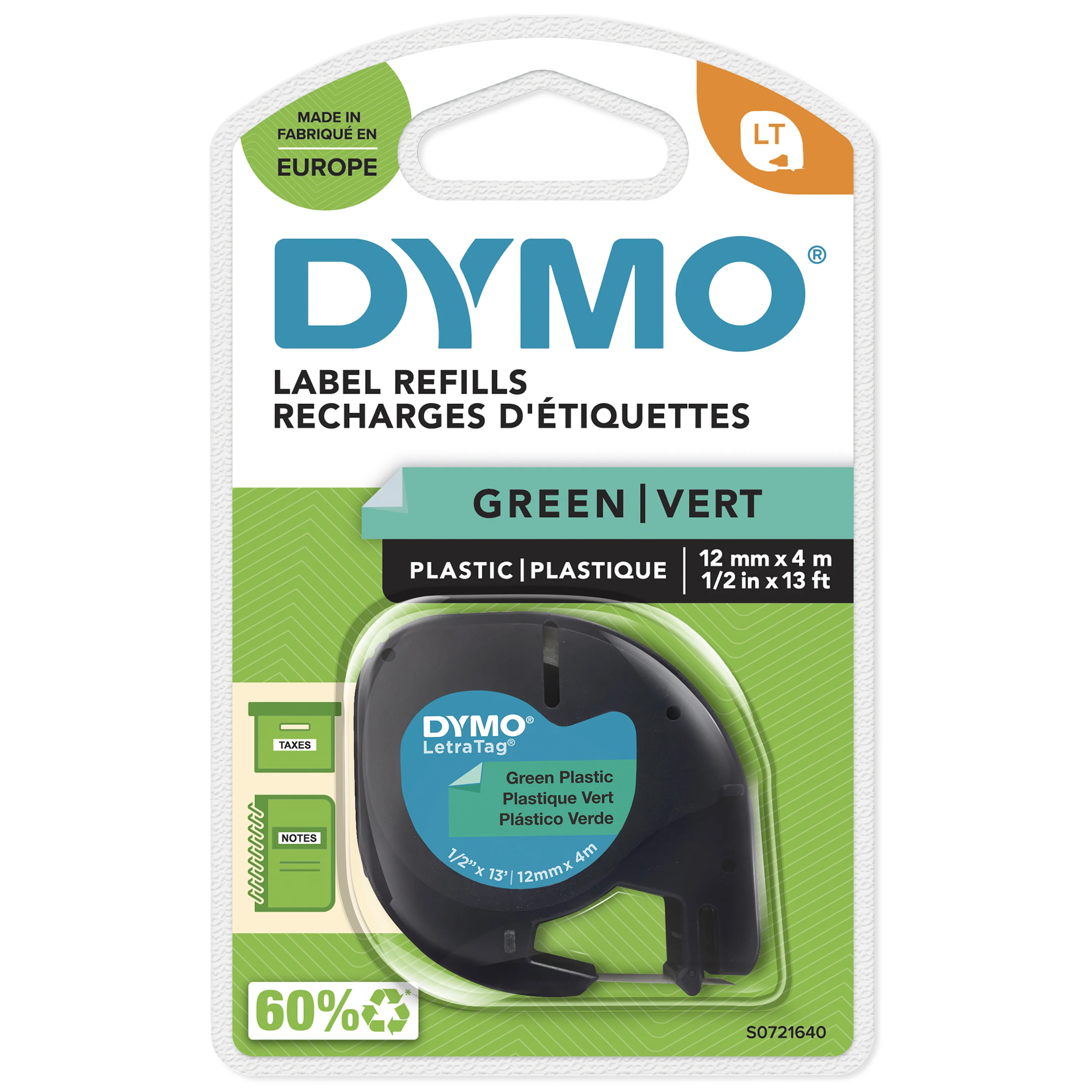 DYMO Original LetraTag Etikettenband | schwarz auf grün | 12 mm x 4 m | selbstklebendes Kunststoffetiketten | für LetraTag-Beschriftungsgerät