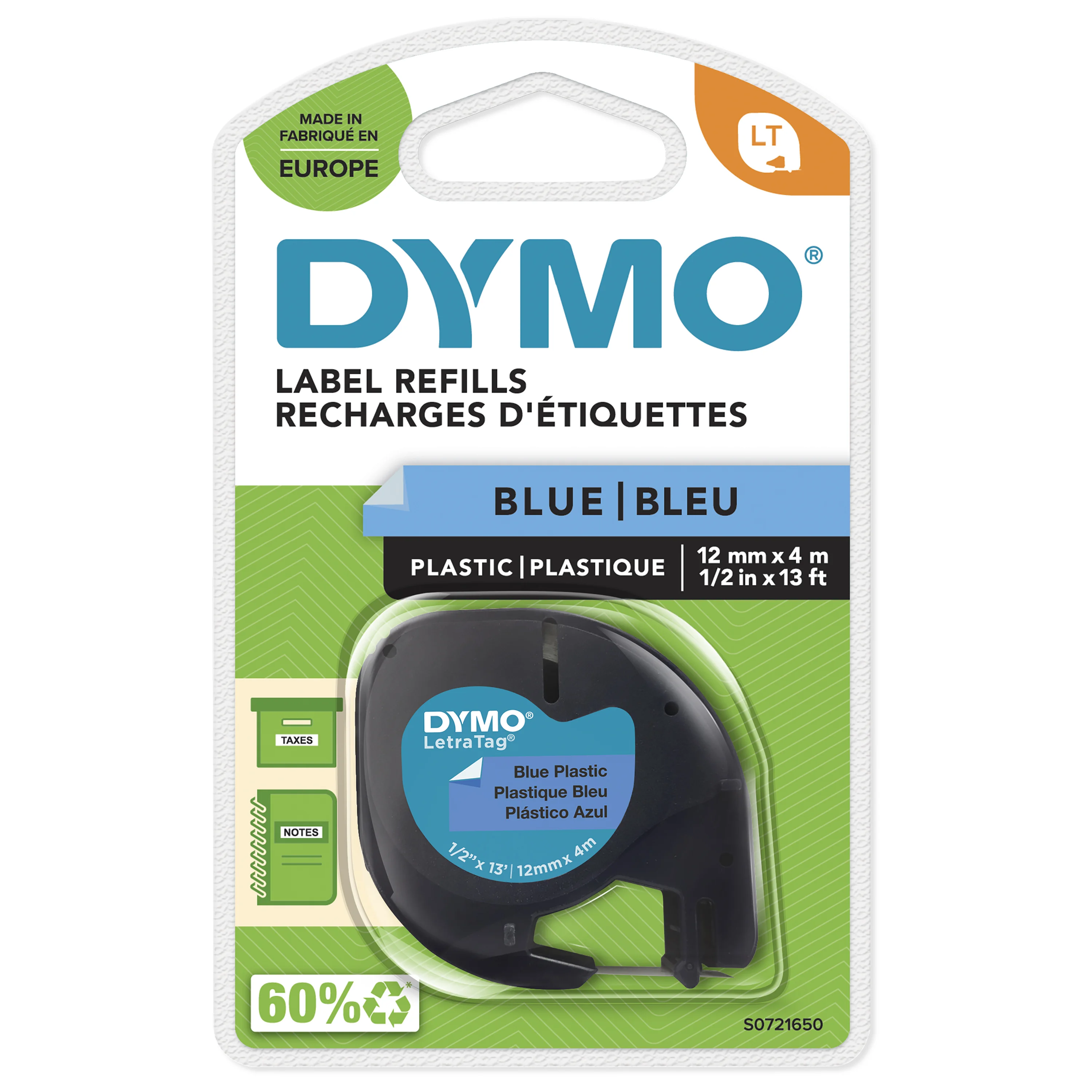 DYMO Original LetraTag Etikettenband | schwarz auf blau | 12 mm x 4 m | selbstklebendes Kunststoffetiketten | für LetraTag-Beschriftungsgerät