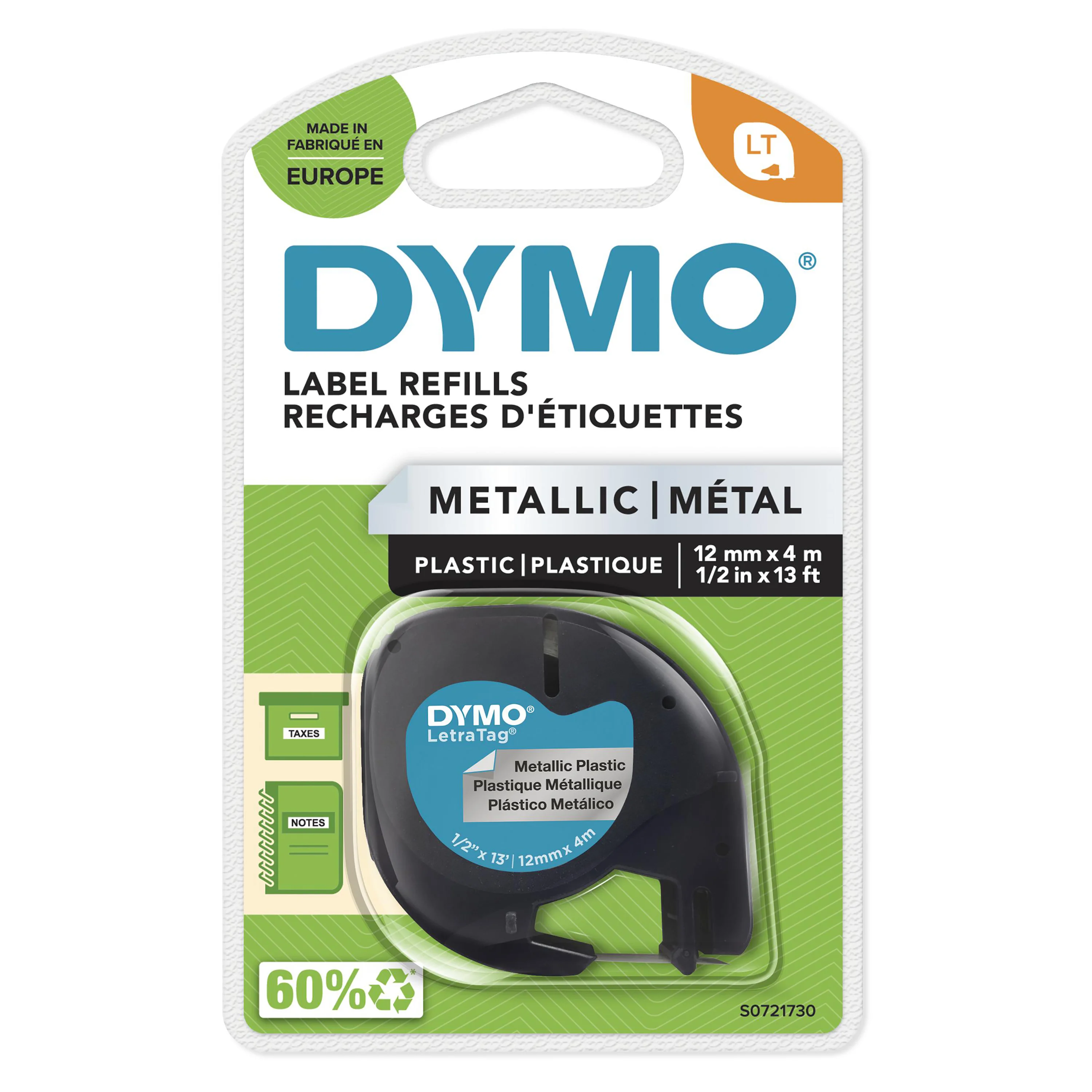 DYMO Original LetraTag Metallic Etikettenband | schwarz auf Metallic-Silber | 12 mm x 4 m | selbstklebendes Etiketten | für LetraTag-Beschriftungsgerät