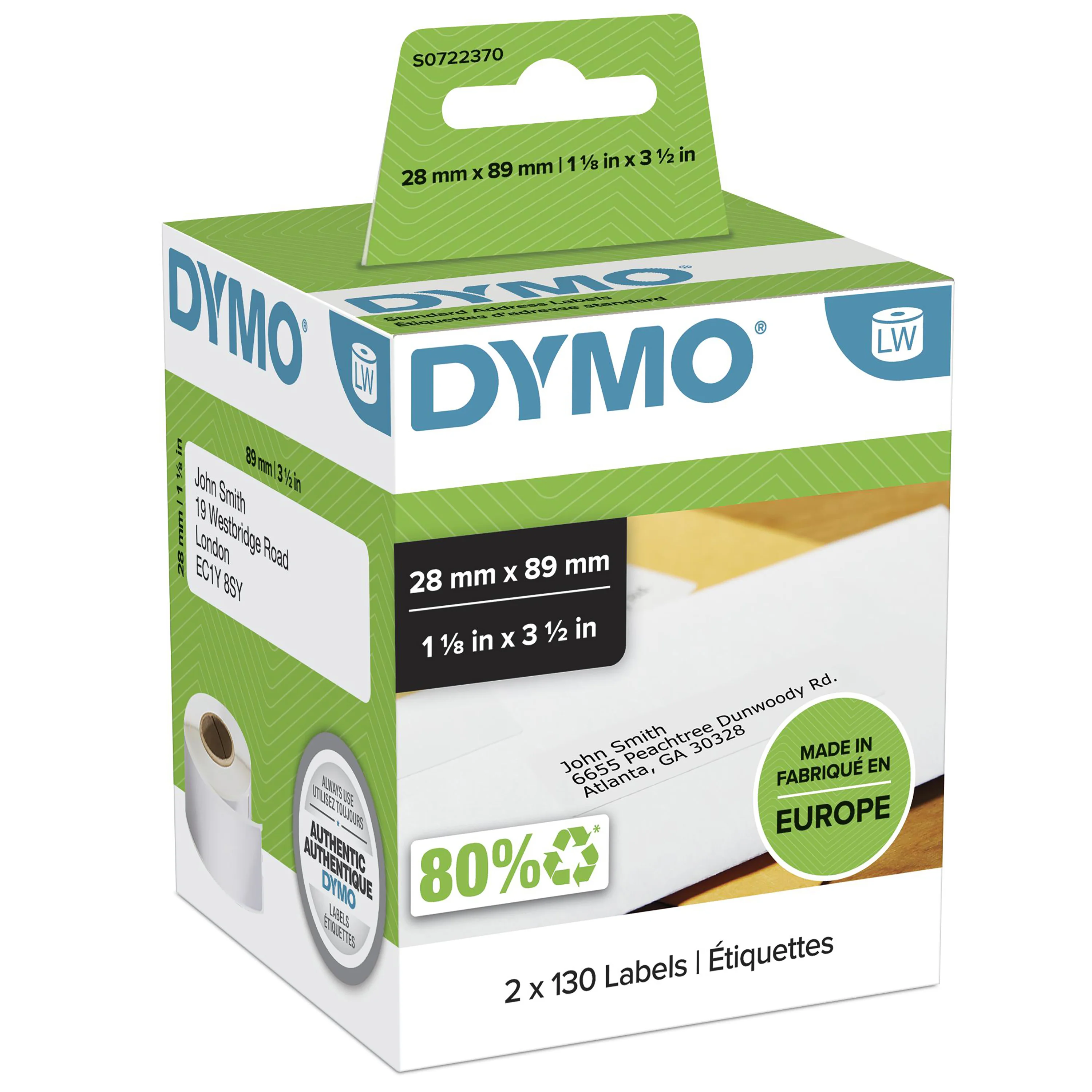 DYMO Original LabelWriter Adressetiketten | 28 mm x 89 mm | schwarz auf weiß | 2 Rollen mit je 130 leicht ablösbaren Etiketten (260 Etiketten) | selbstklebend | für LabelWriter Etikettendrucker