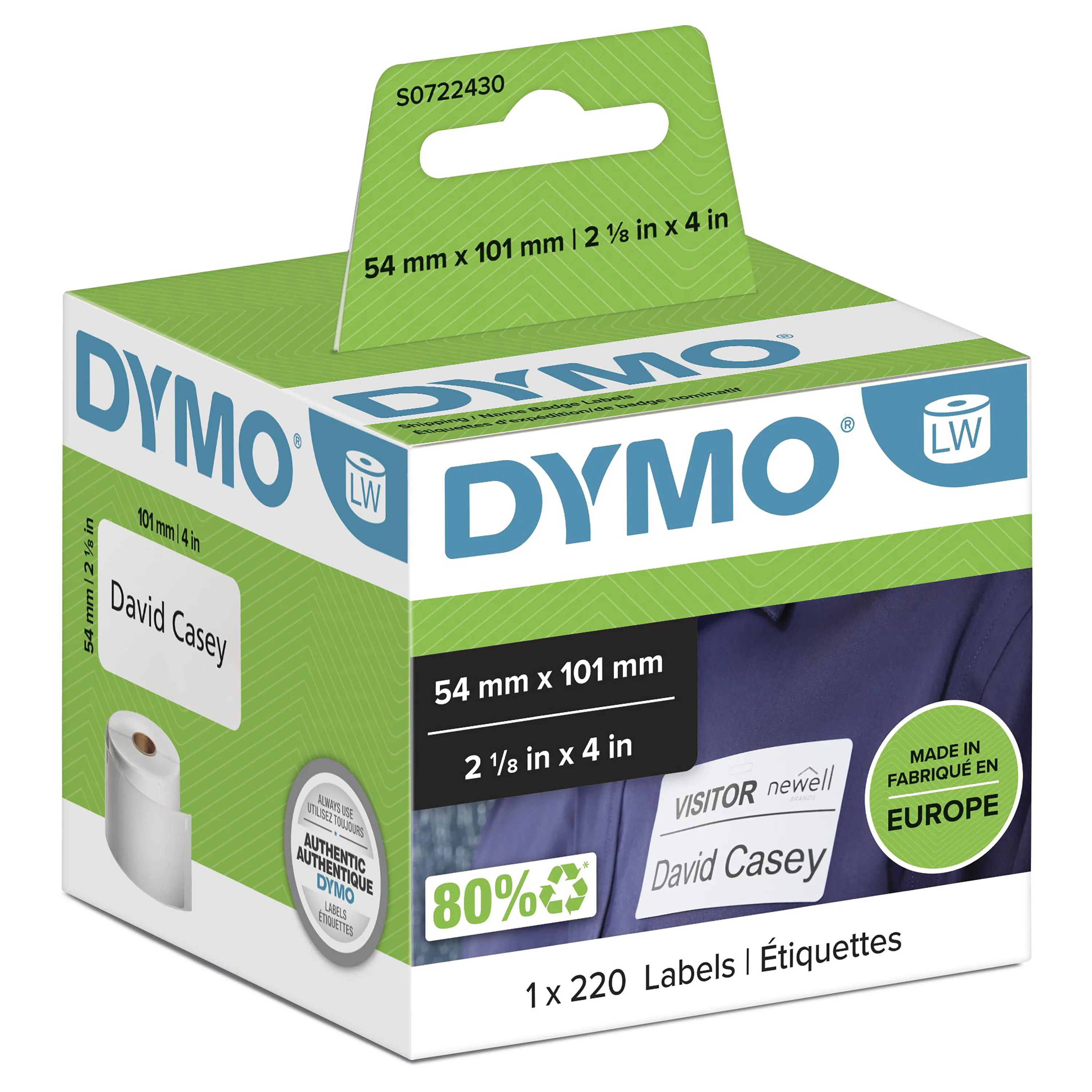 DYMO Orignal LabelWriter Versandetiketten/-Namensschilder (Groß) | 54 mm x 101 mm | Rolle mit 220 leicht ablösbaren Etiketten | selbstklebend | für LabelWriter Etikettendrucker & Beschriftungsgerät