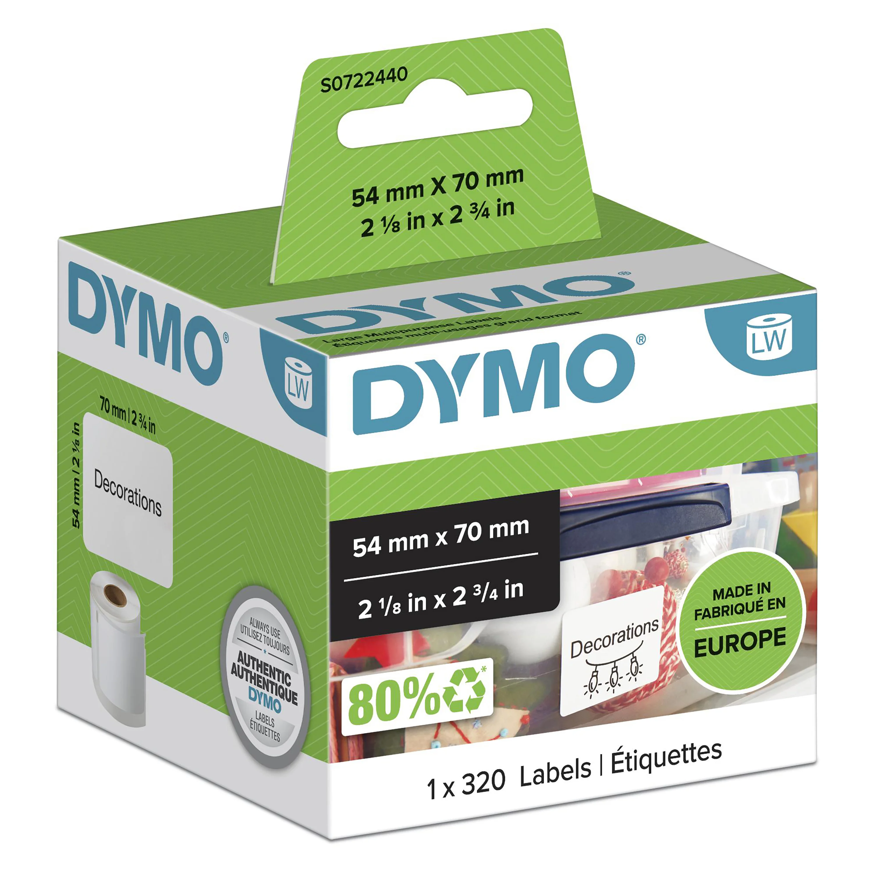 DYMO Original LabelWriter Mehrzwecketiketten | 54 mm x 70 mm | Rolle mit 320 leicht ablösbaren Etiketten | selbstklebend | für LabelWriter Etikettendrucker und Beschriftungsgerät