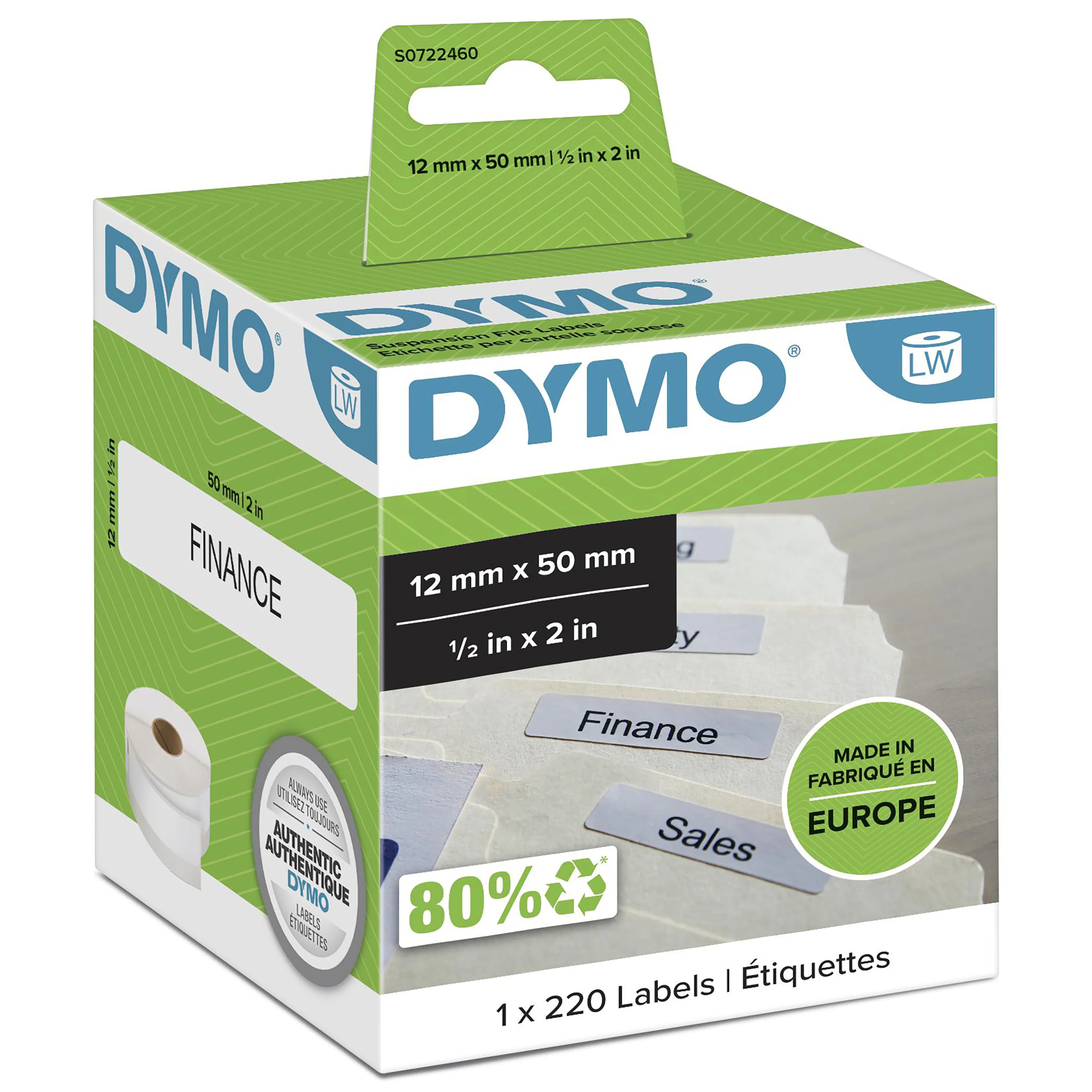 DYMO Original LabelWriter Etiketten für Hängemappen | 12 mm x 50 mm | Rolle mit 220 leicht ablösbaren Etiketten | selbstklebend | für LabelWriter Etikettendrucker und Beschriftungsgerät
