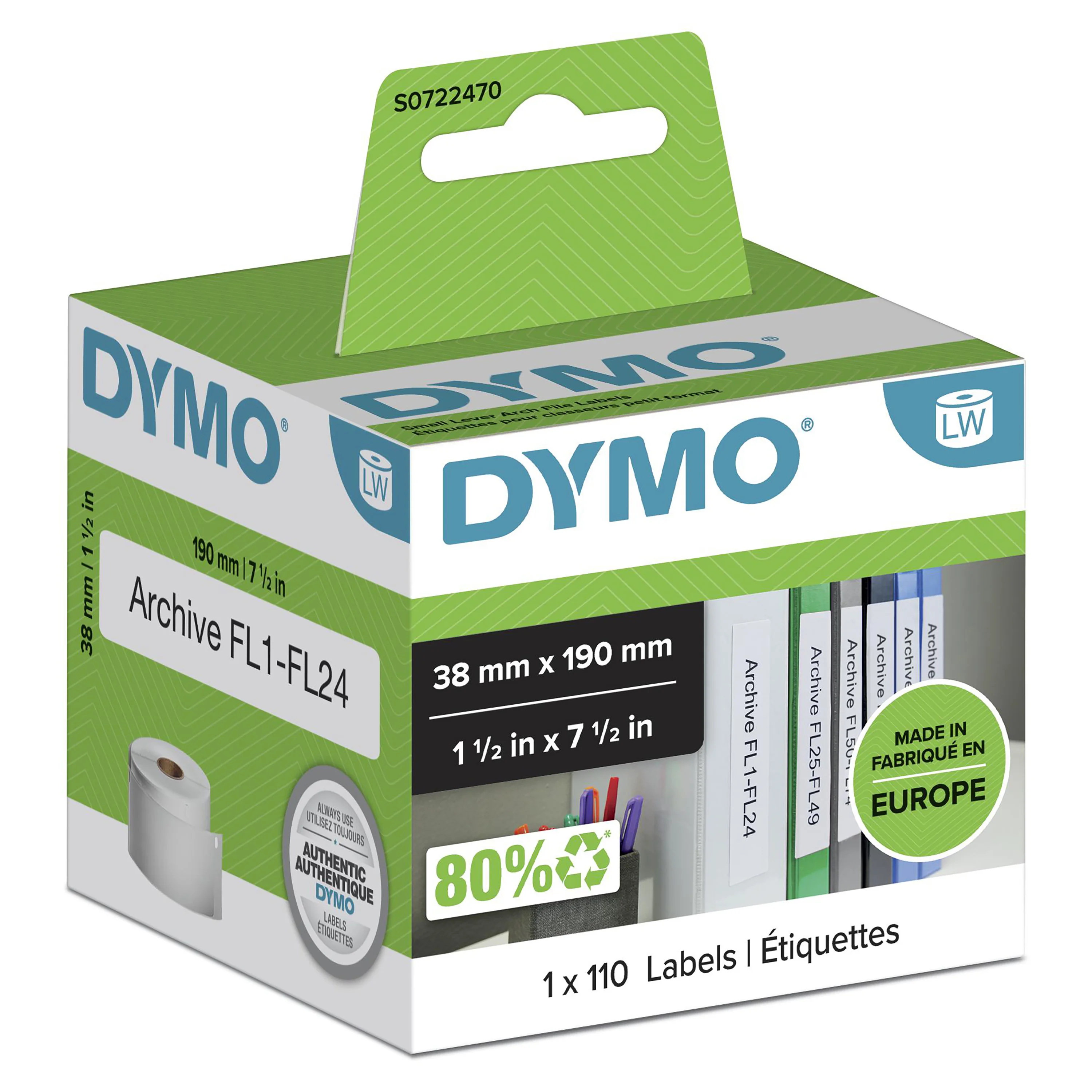 DYMO Original LabelWriter-Ordner-Etiketten | 38 mm x 190 mm | Rolle mit 110 leicht ablösbaren Etikettenband | selbstklebend | für LabelWriter Etikettendrucker und Beschriftungsgerät