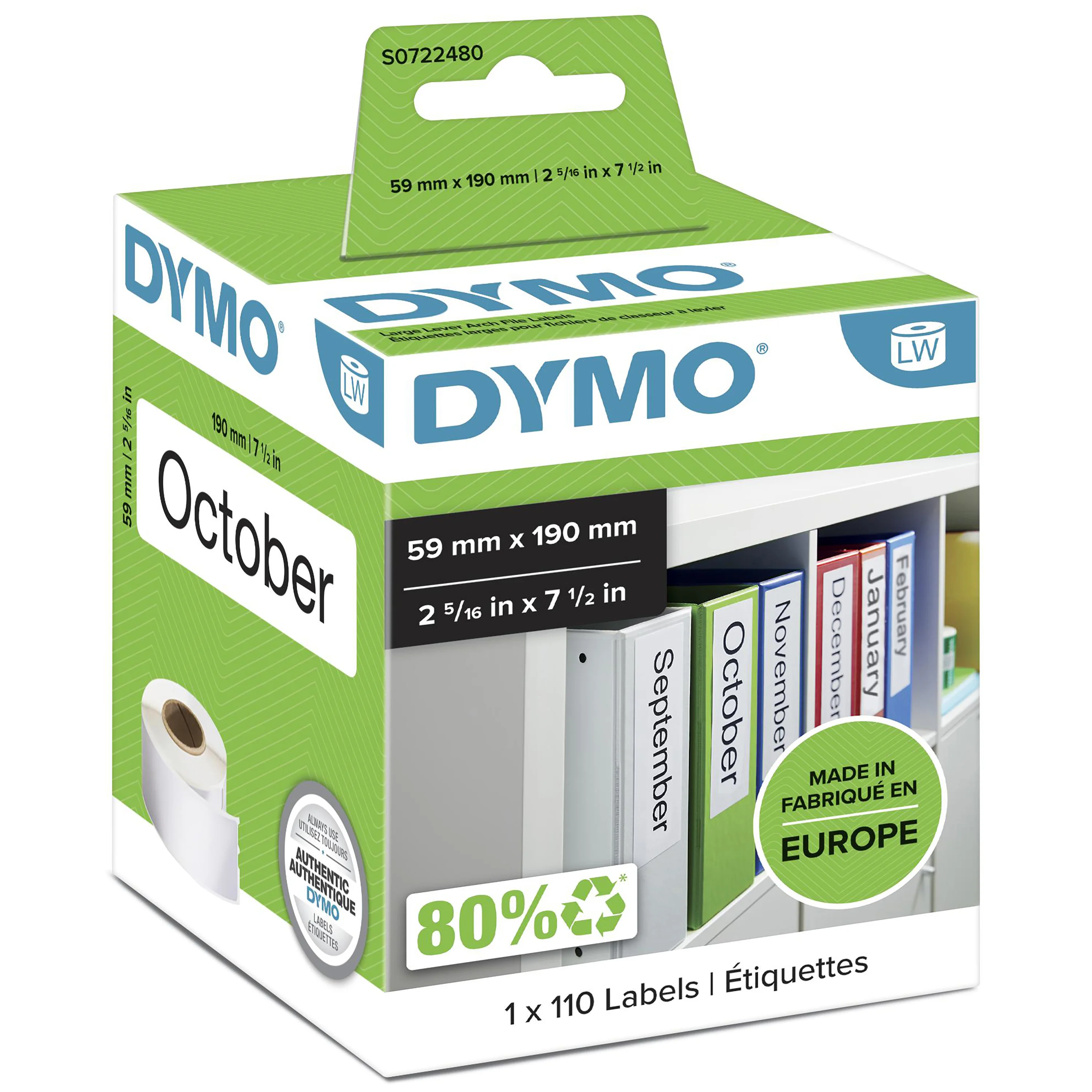 DYMO Original LabelWriter-Mehrzwecketiketten/große Ordnerrücken-Etiketten | 59 mm x 190 mm | Rolle mit 110 leicht ablösbaren Etiketten | selbstklebend | für LabelWriter Etikettendrucker