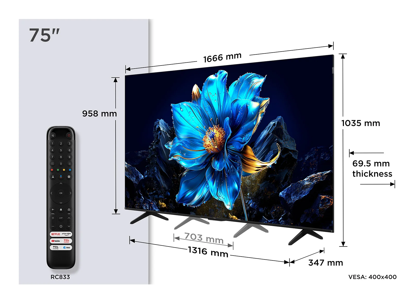 TCL P7K 75P7K Fernseher 190,5 cm (75") 4K Ultra HD Smart-TV WLAN Metallisch 450 cd/m²