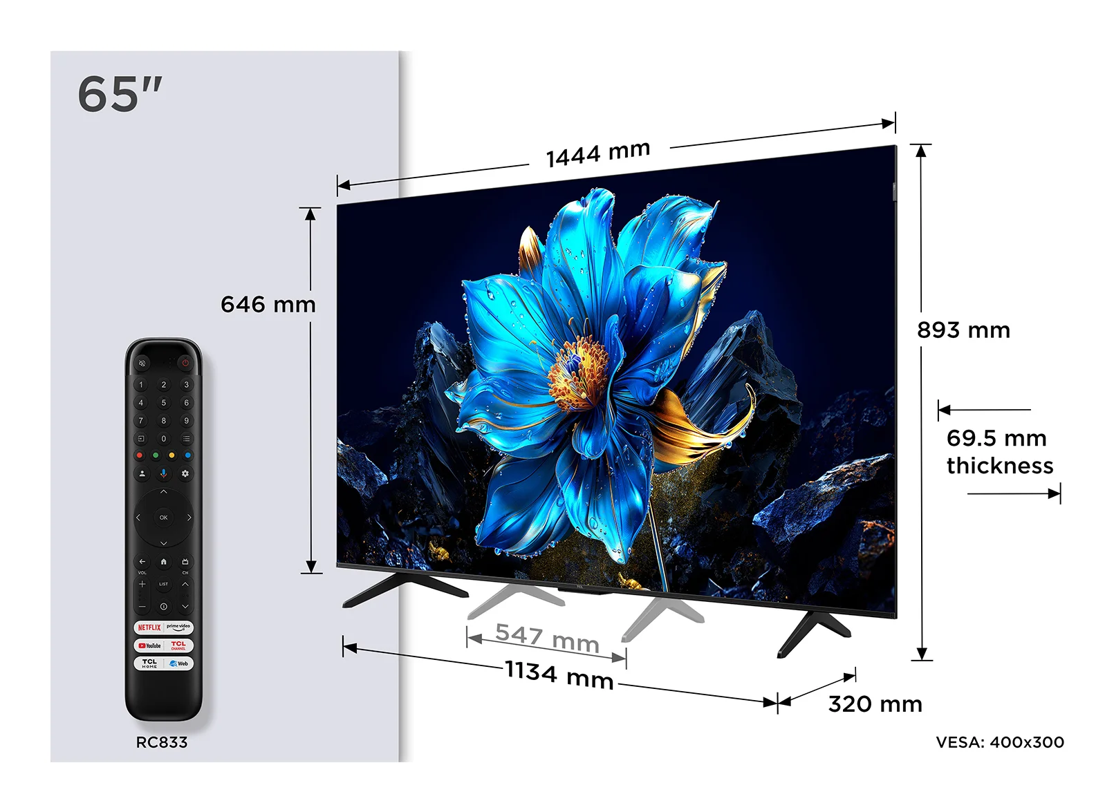 TCL P7K 65P7K Fernseher 165,1 cm (65") 4K Ultra HD Smart-TV WLAN Metallisch 450 cd/m²