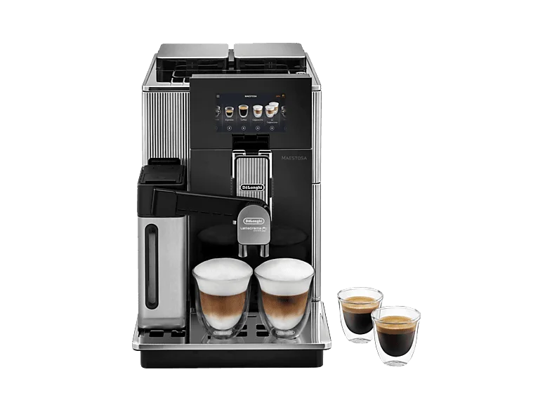 DELONGHI Maestosa EPAM960.75.GLM - 14 Kaffeespezialitäten, 2 Bohnenbehälter, Mahlwerke, 6 Profile, edles Design, Kaffeevollautomat Silber/Schwarz