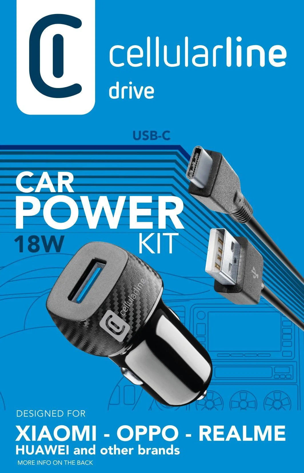 Cellularline USB Car Charger Kit 18W - USB-C - Huawei, Xiaomi, Wiko, Asus and other smartphone 18W Adaptives Autoladegerät mit USB-C-Kabel