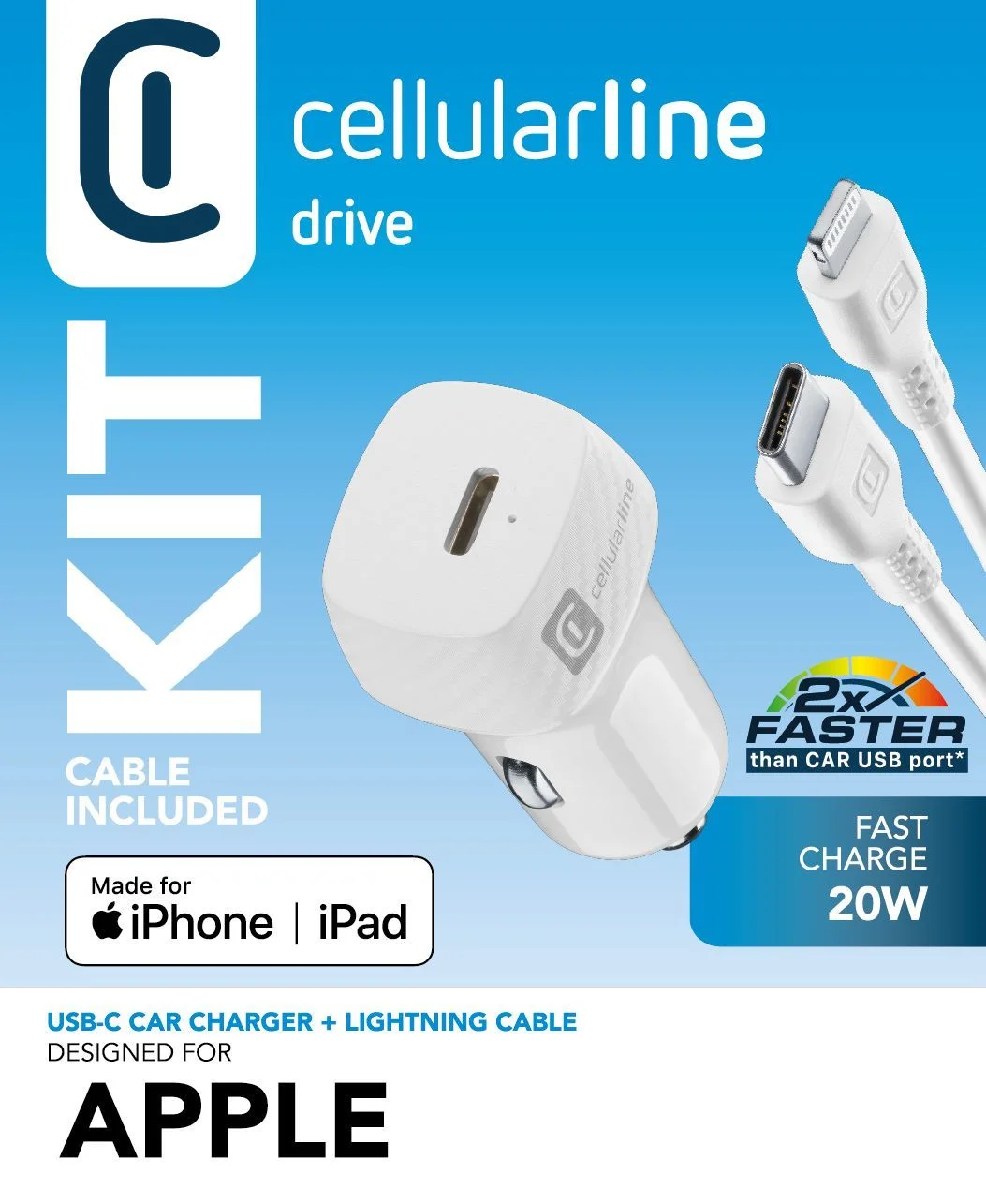 Cellularline USB-C Car Charger Kit 20W - USB-C to Lightning - iPhone 8 or later