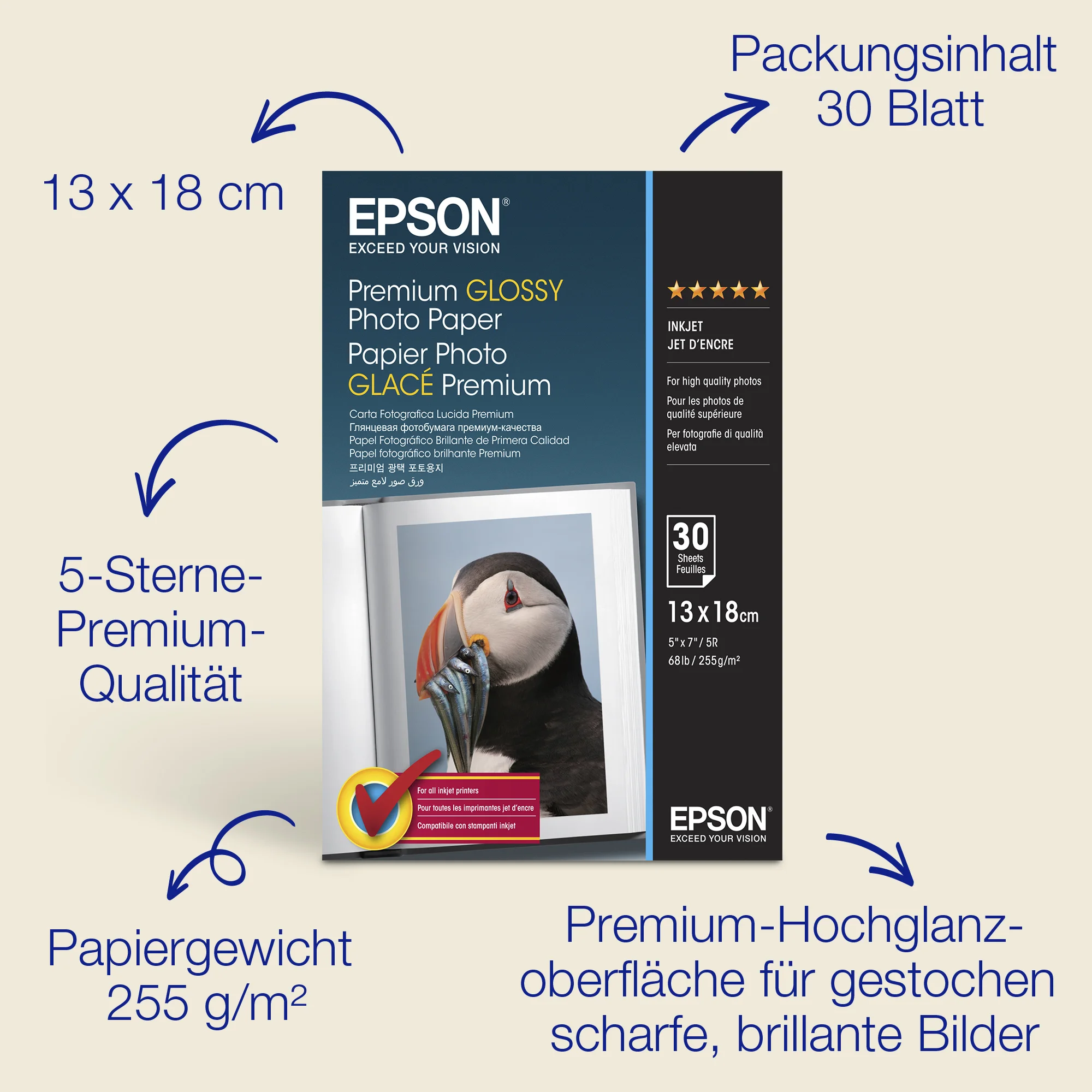 Epson Premium Glossy Photo Paper - 13x18cm - 30 Blätter