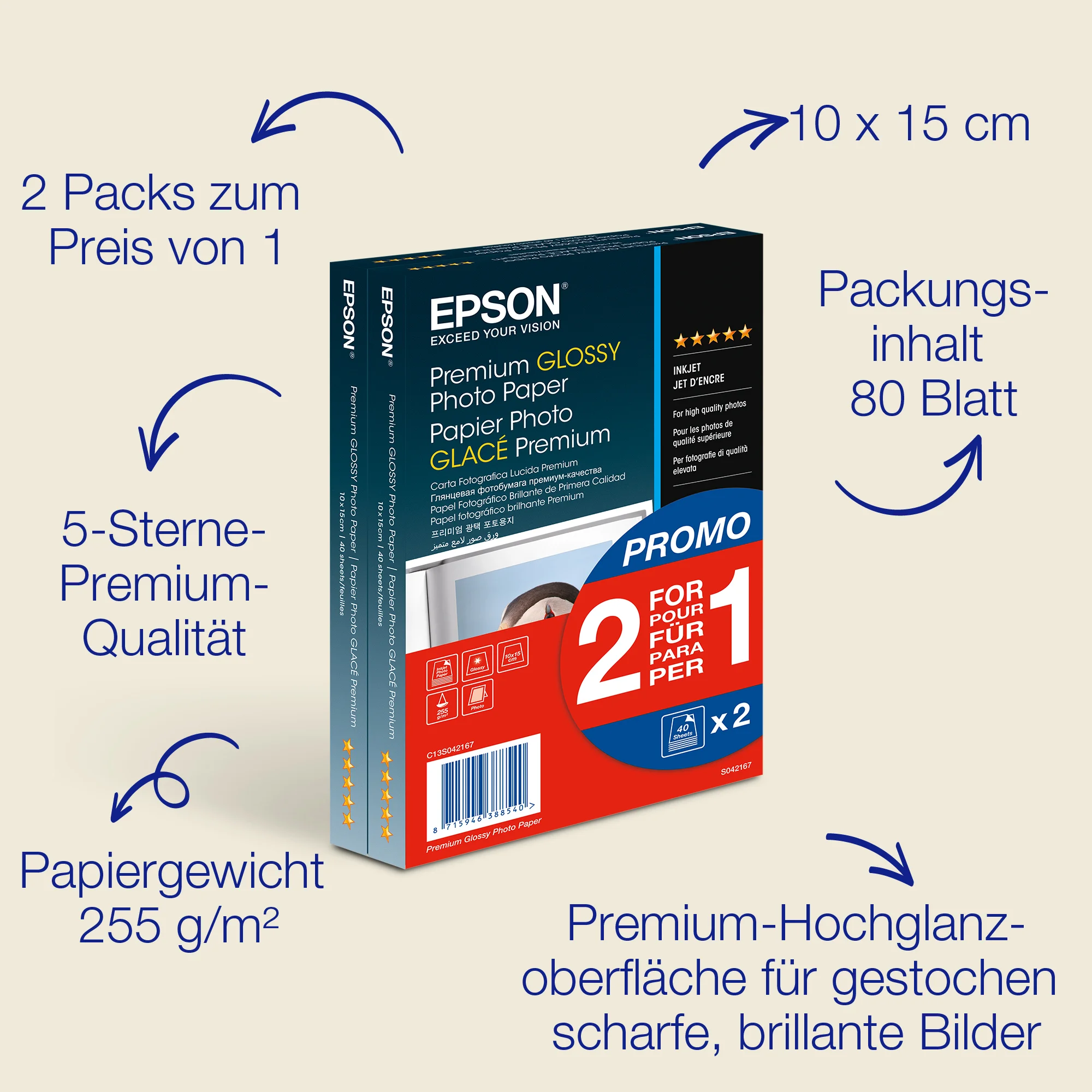 Epson Premium Glossy Photo Paper - 10x15cm - 2x 40 Blätter