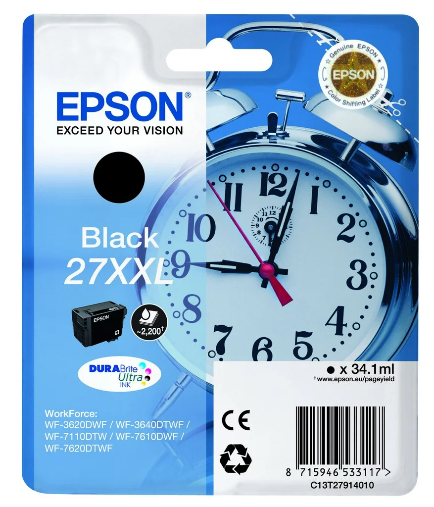 Epson Alarm clock Singlepack Black 27XXL DURABrite Ultra Ink