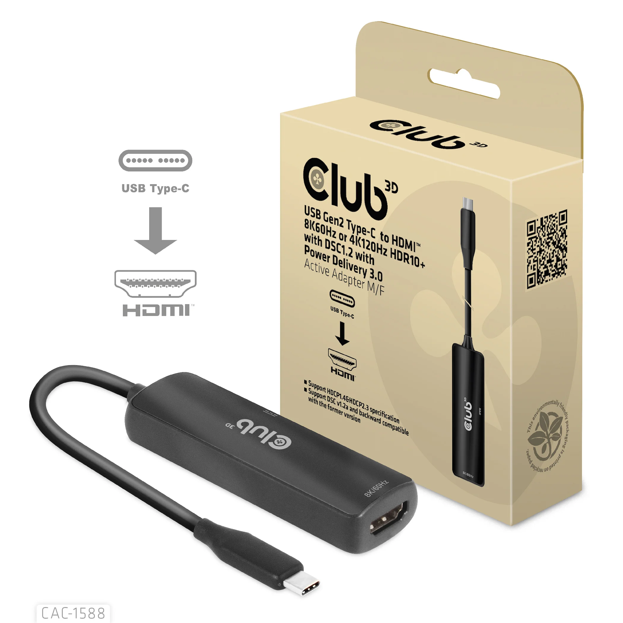 CLUB3D USB Gen2 Typ-C zu HDMI™ 8K60Hz oder 4K120Hz HDR10, DSC1.2, Power Delivery 3.0 Activ Adapter St./B.