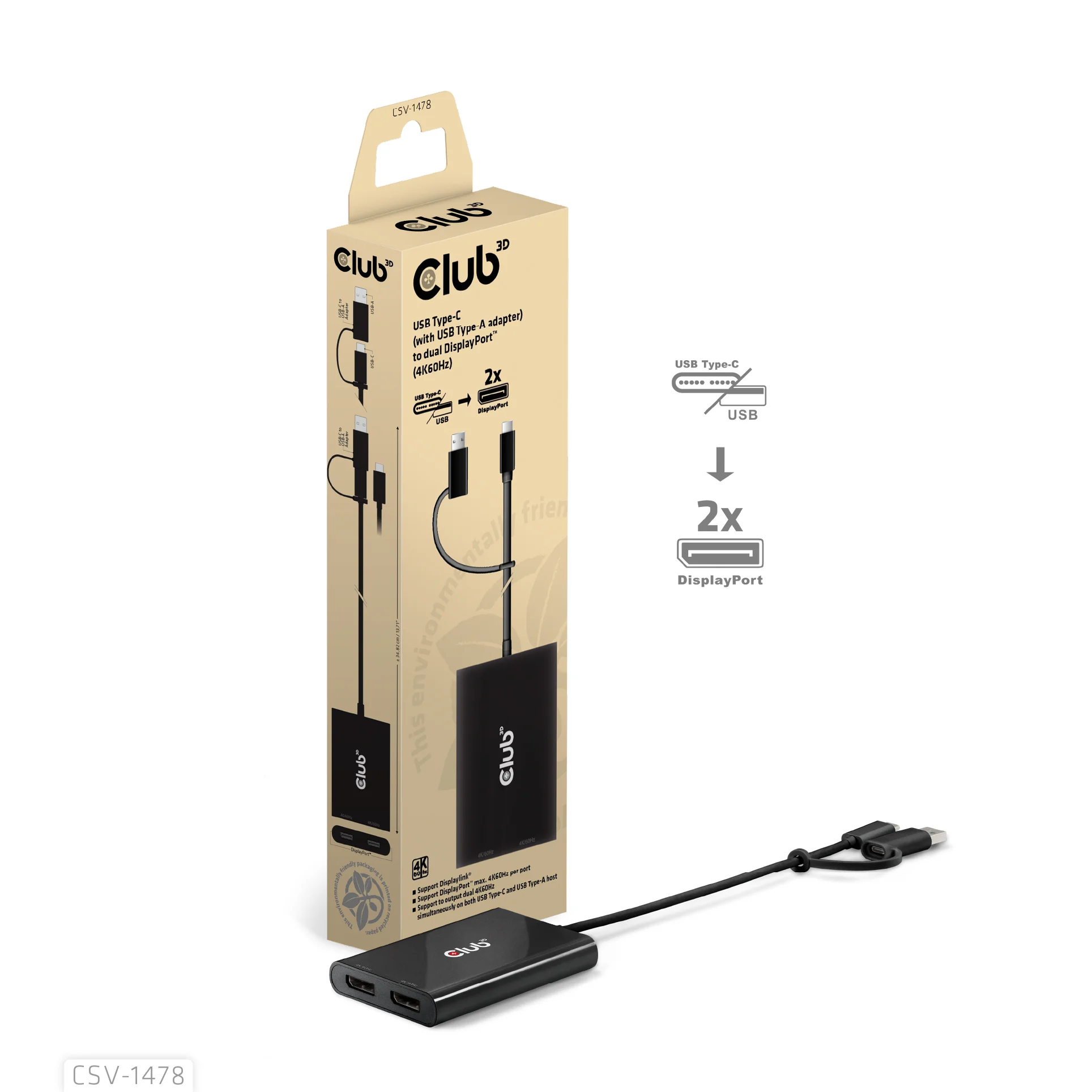 CLUB3D USB Type-C (with USB Type-A adapter) to dual DisplayPort™(4K60Hz) Video Splitter