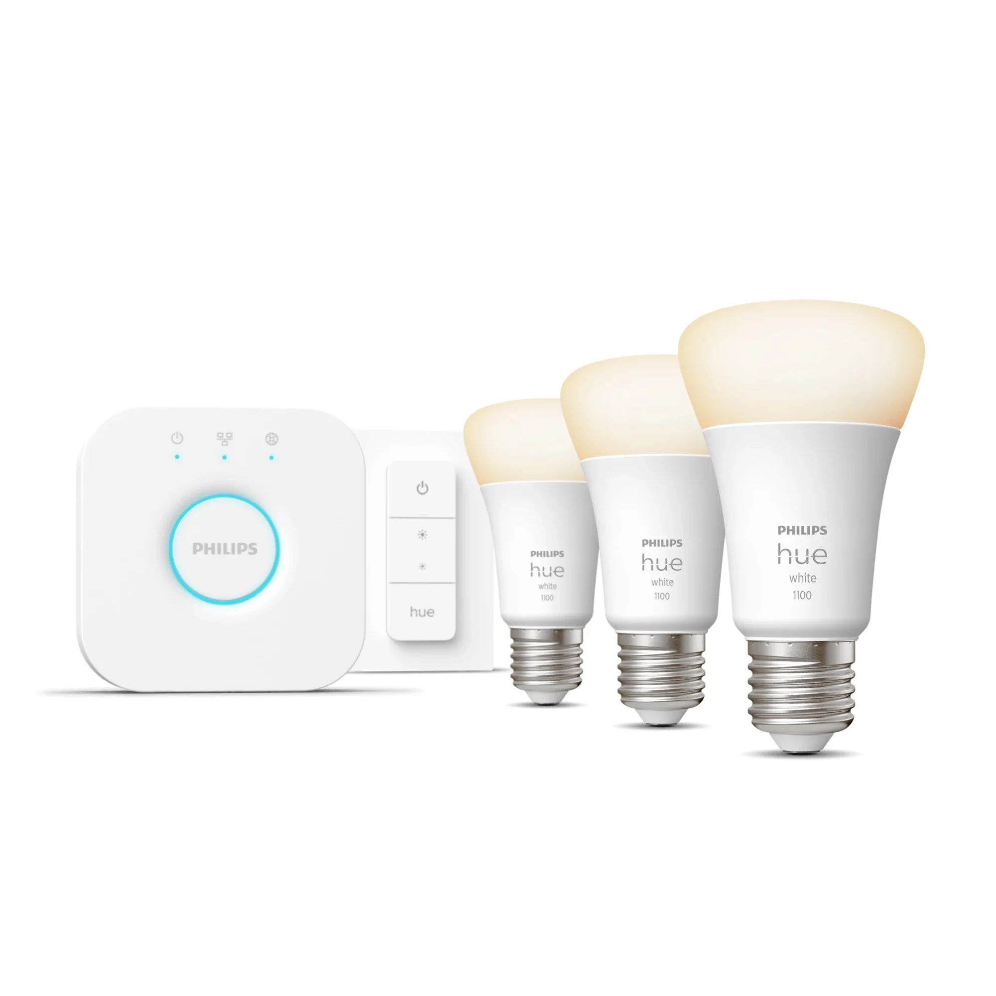 Philips Hue White Starter-Set: E27 - Lampe A60 Dreierpack + Dimmschalter