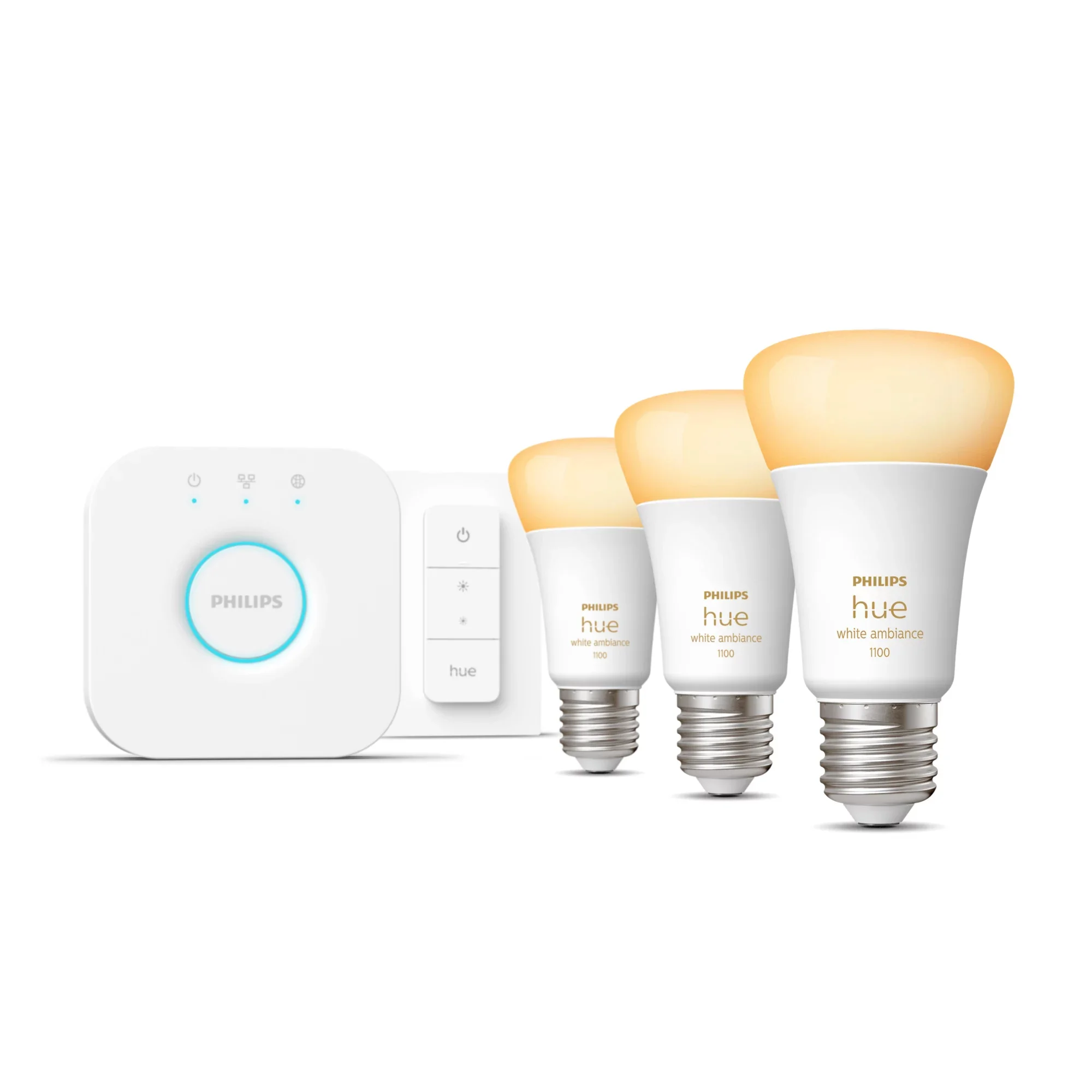 Philips Hue White ambience Starter-Set: E27 - Lampe A60 Dreierpack + Dimmschalter