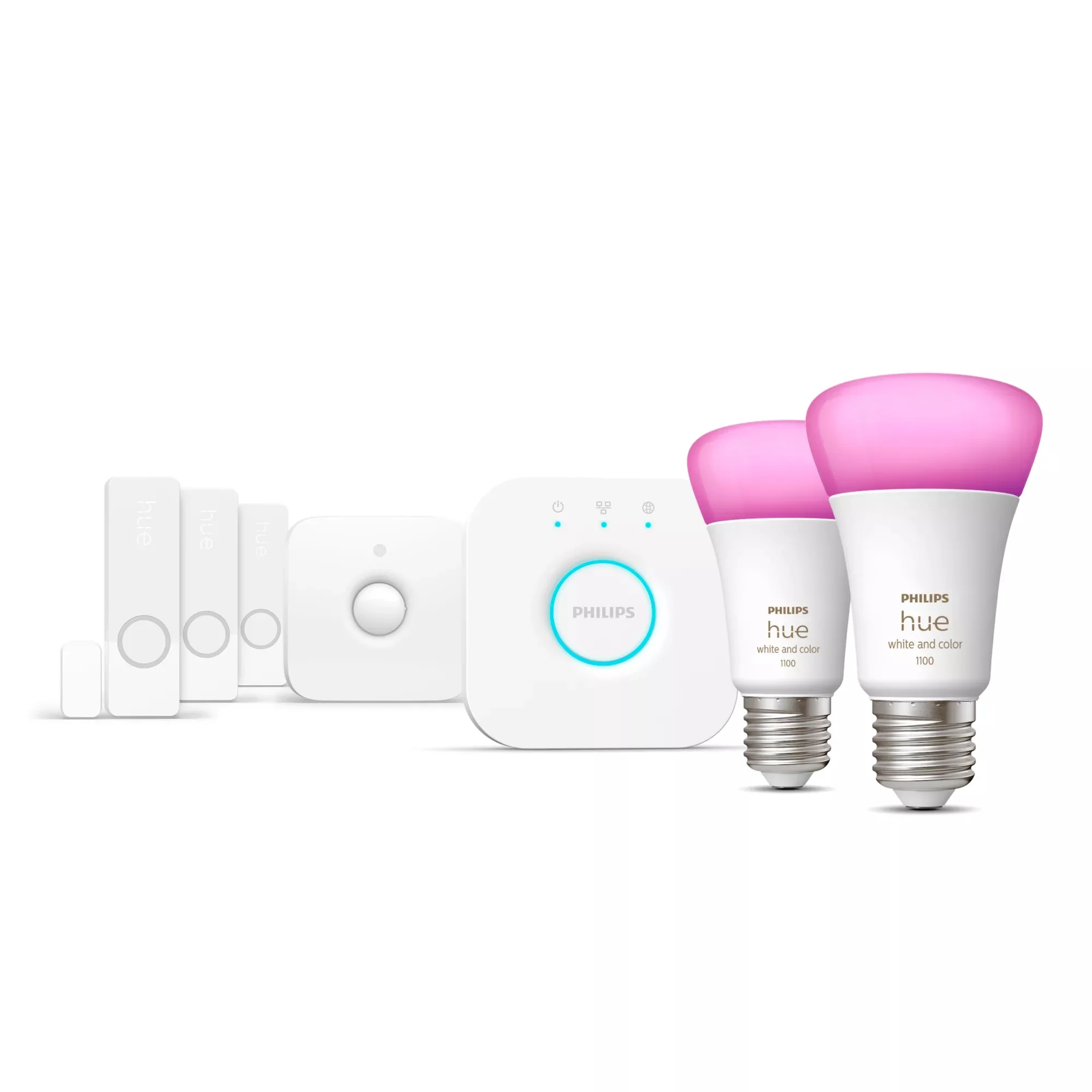 Philips Secure Starter-Set: E27 Lampe A60 2er-Pack 1100 + Kontaktsensoren 3er-Pack weiß + Bewegungsmelder