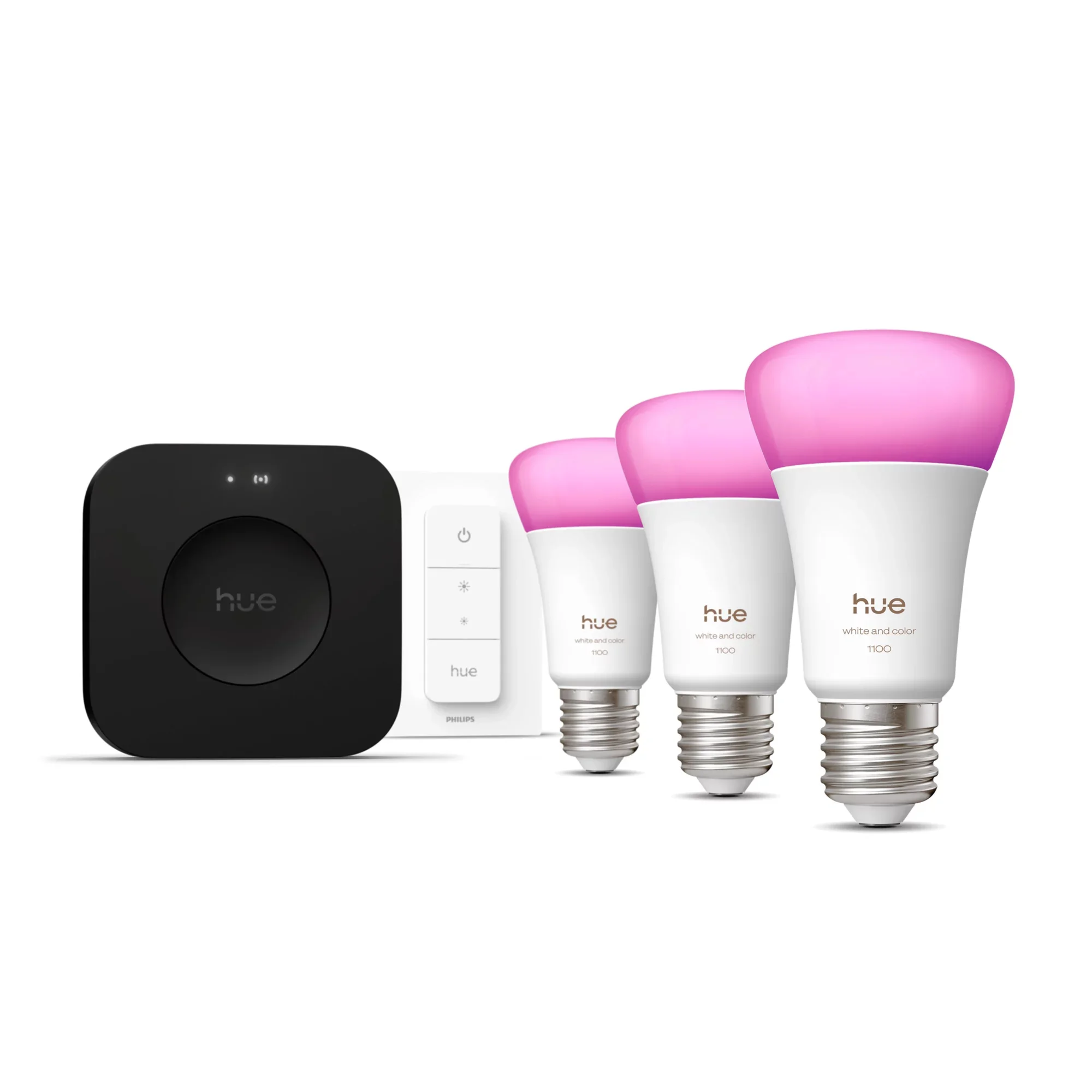 Philips Hue White and Color ambiance Starter-Set: 3 smarte E27-Lampen + Dimmschalter + Hue Bridge Pro