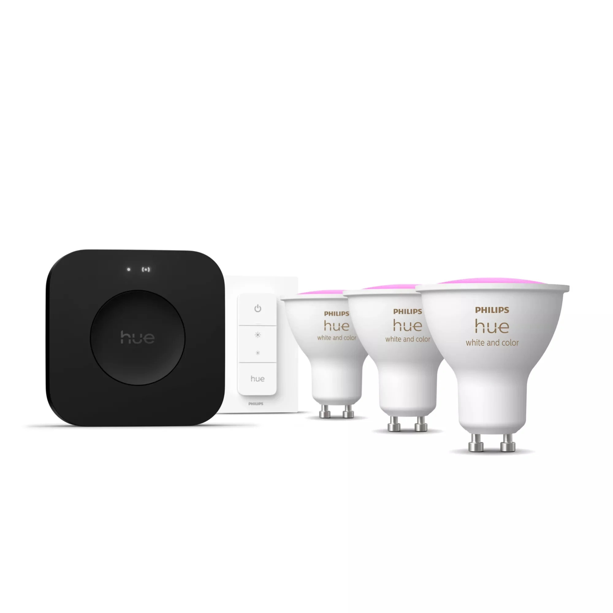 Philips Hue White and Color ambiance Starter-Set: 3 GU10-Lampen + Dimmschalter + Hue Bridge Pro